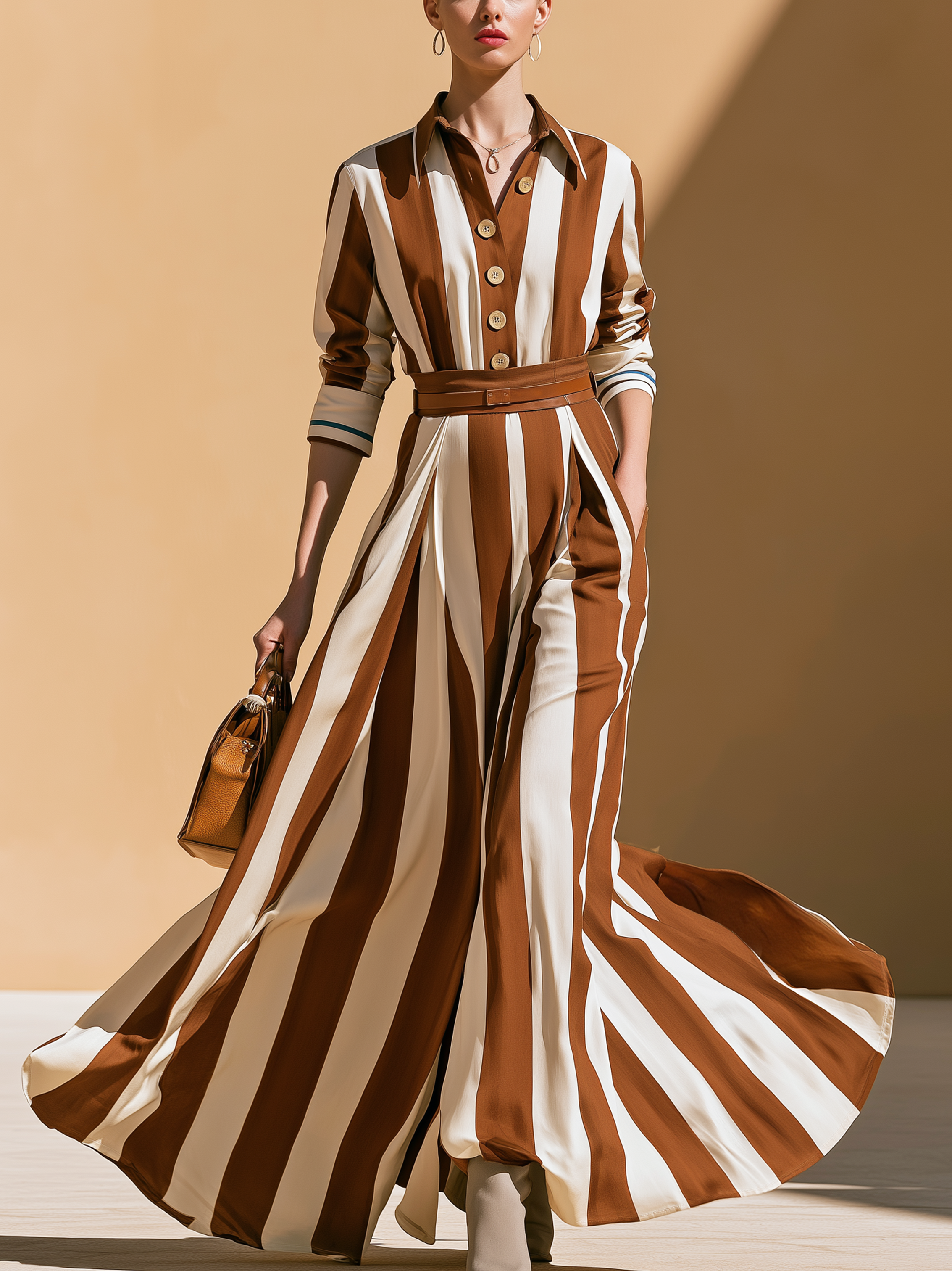 Brown‑White Vertical‑Stripe Shirt Top & Maxi Skirt Two‑Piece Set