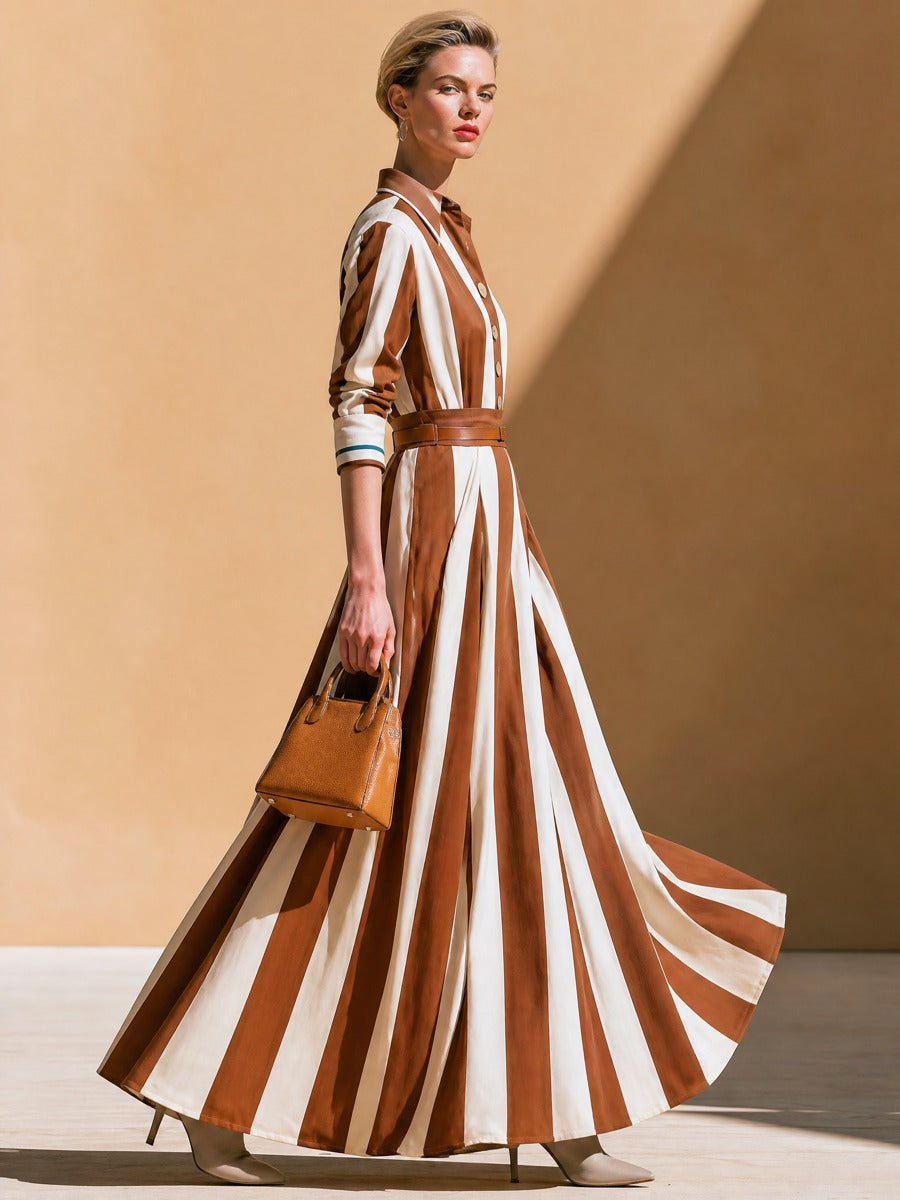 Brown‑White Vertical‑Stripe Shirt Top & Maxi Skirt Two‑Piece Set