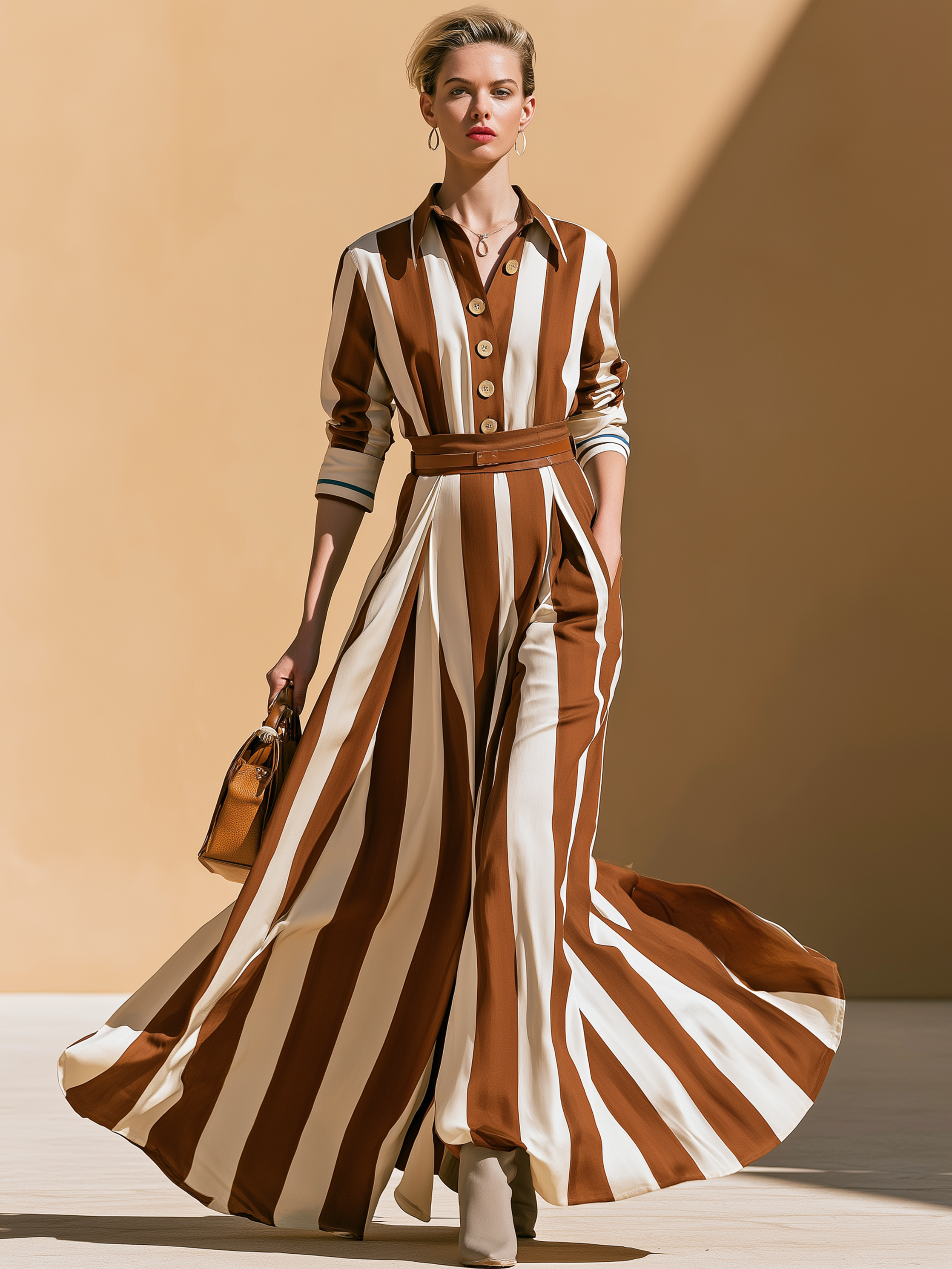 Brown‑White Vertical‑Stripe Shirt Top & Maxi Skirt Two‑Piece Set