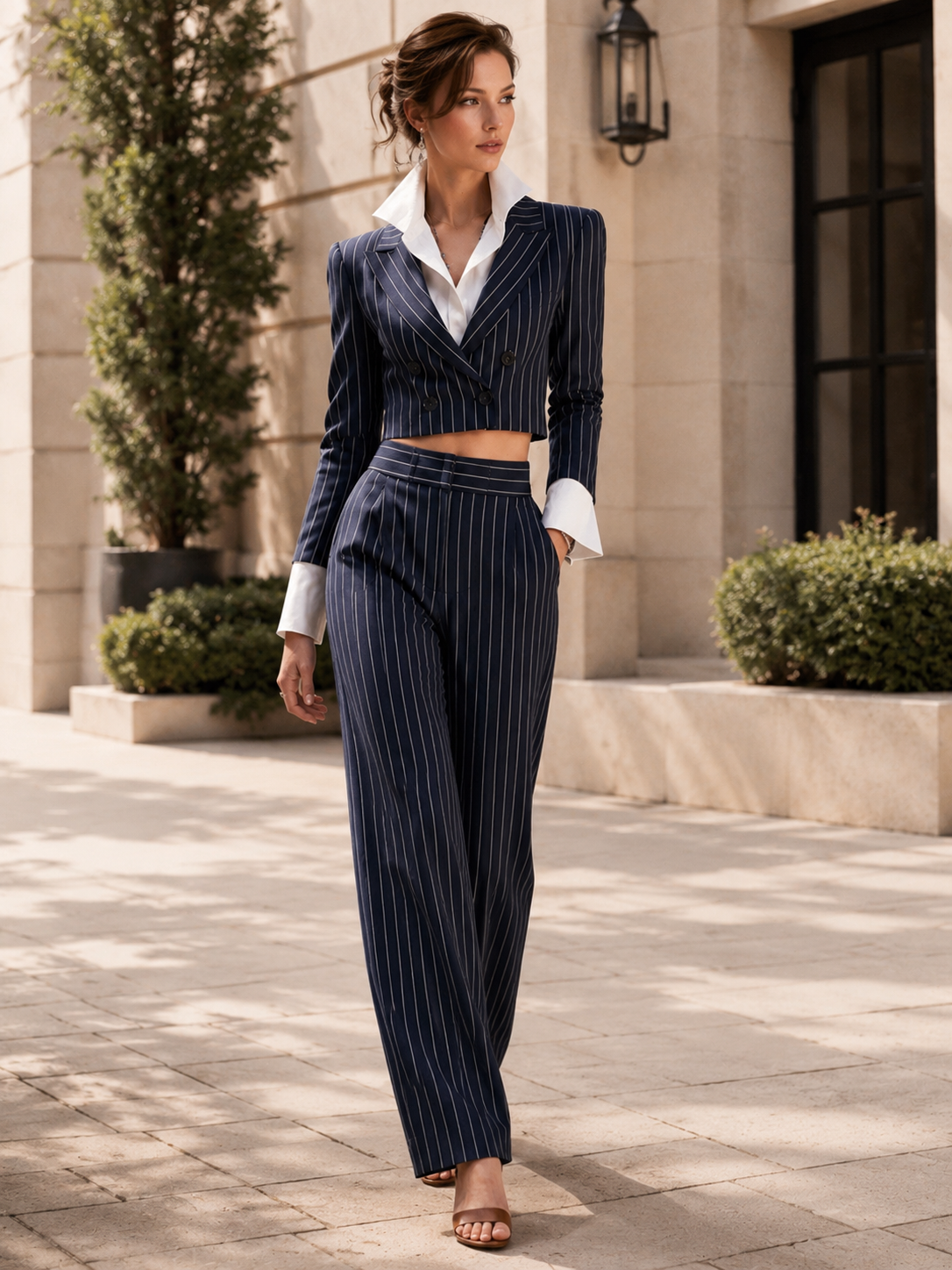 Elegant Black Pinstriped Jacket And Trousers Set With A Faux-layered Design