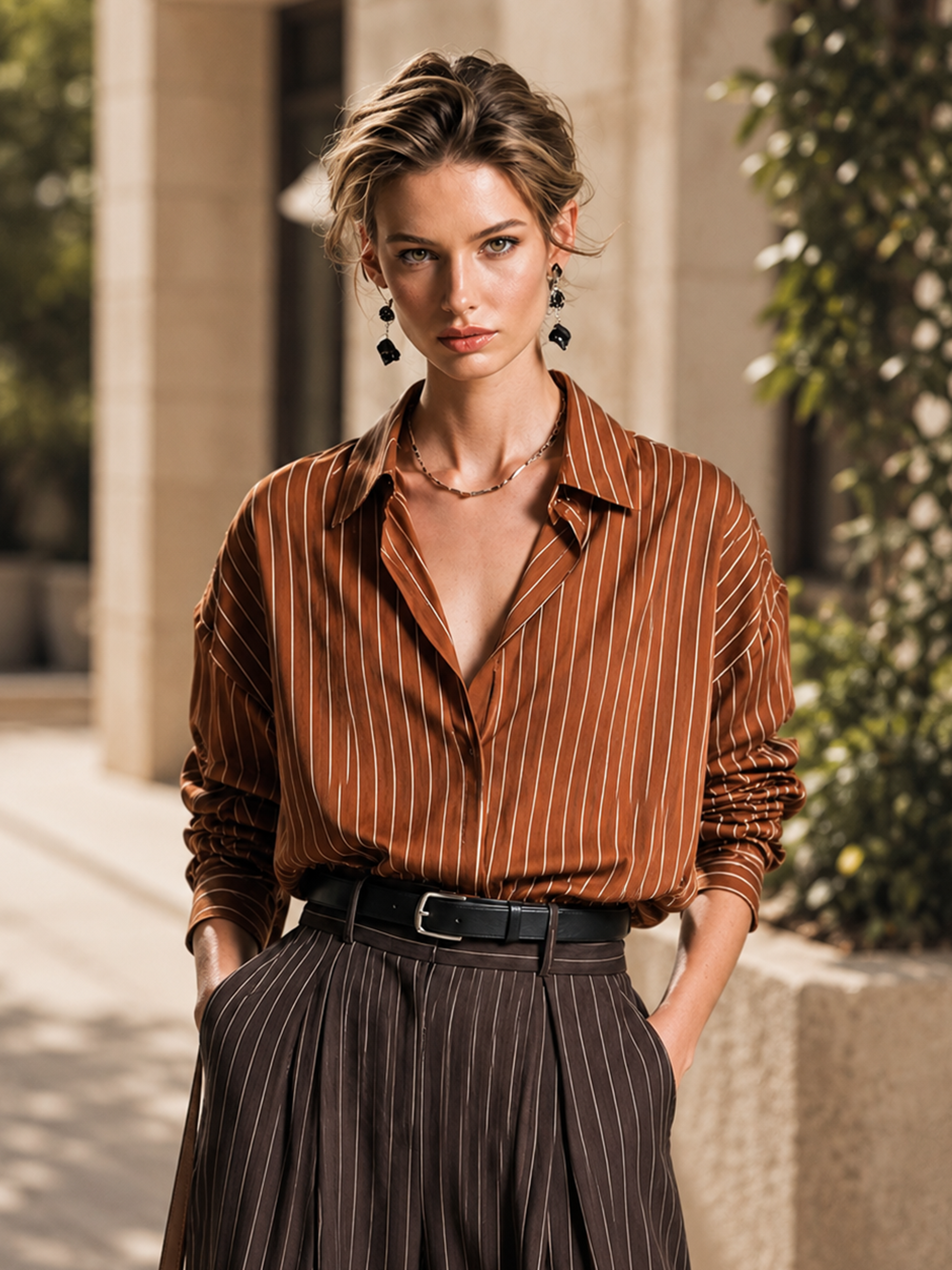 Elegant Warm Brown & Ivory Striped Shirt