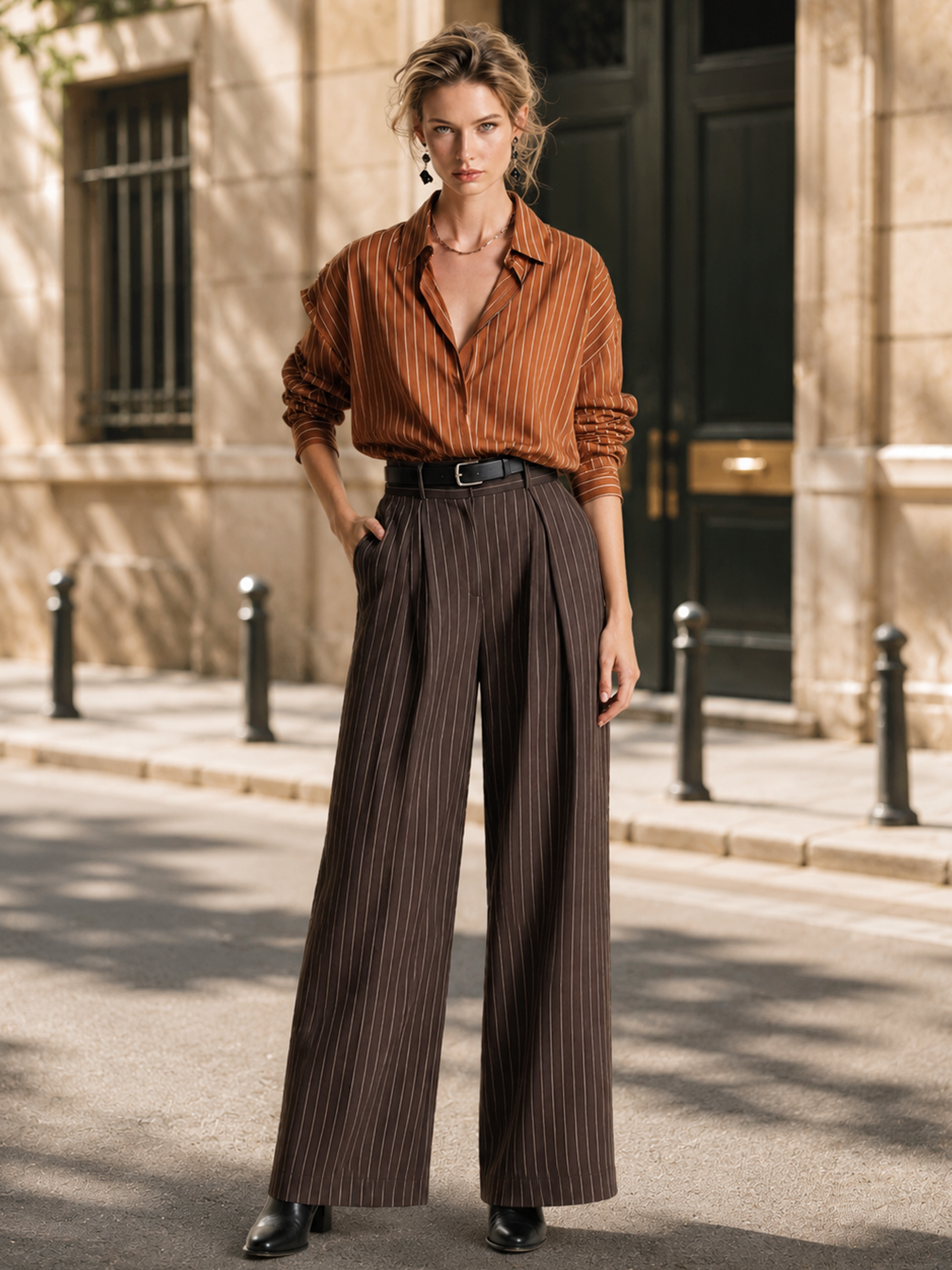 Elegant Coffee Brown & Ivory Pinstripe Wide-Leg Pants