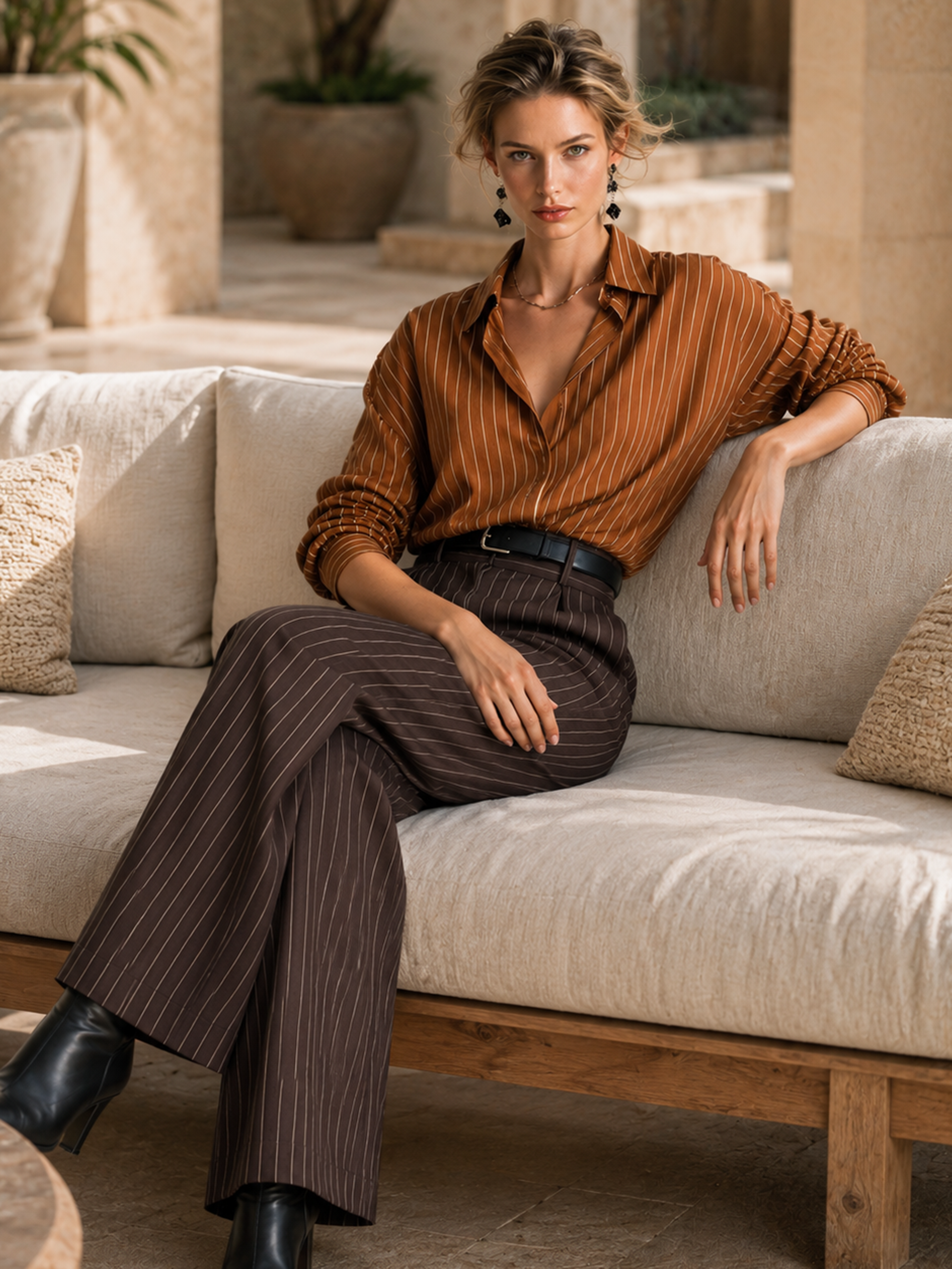 Elegant Coffee Brown & Ivory Pinstripe Wide-Leg Pants