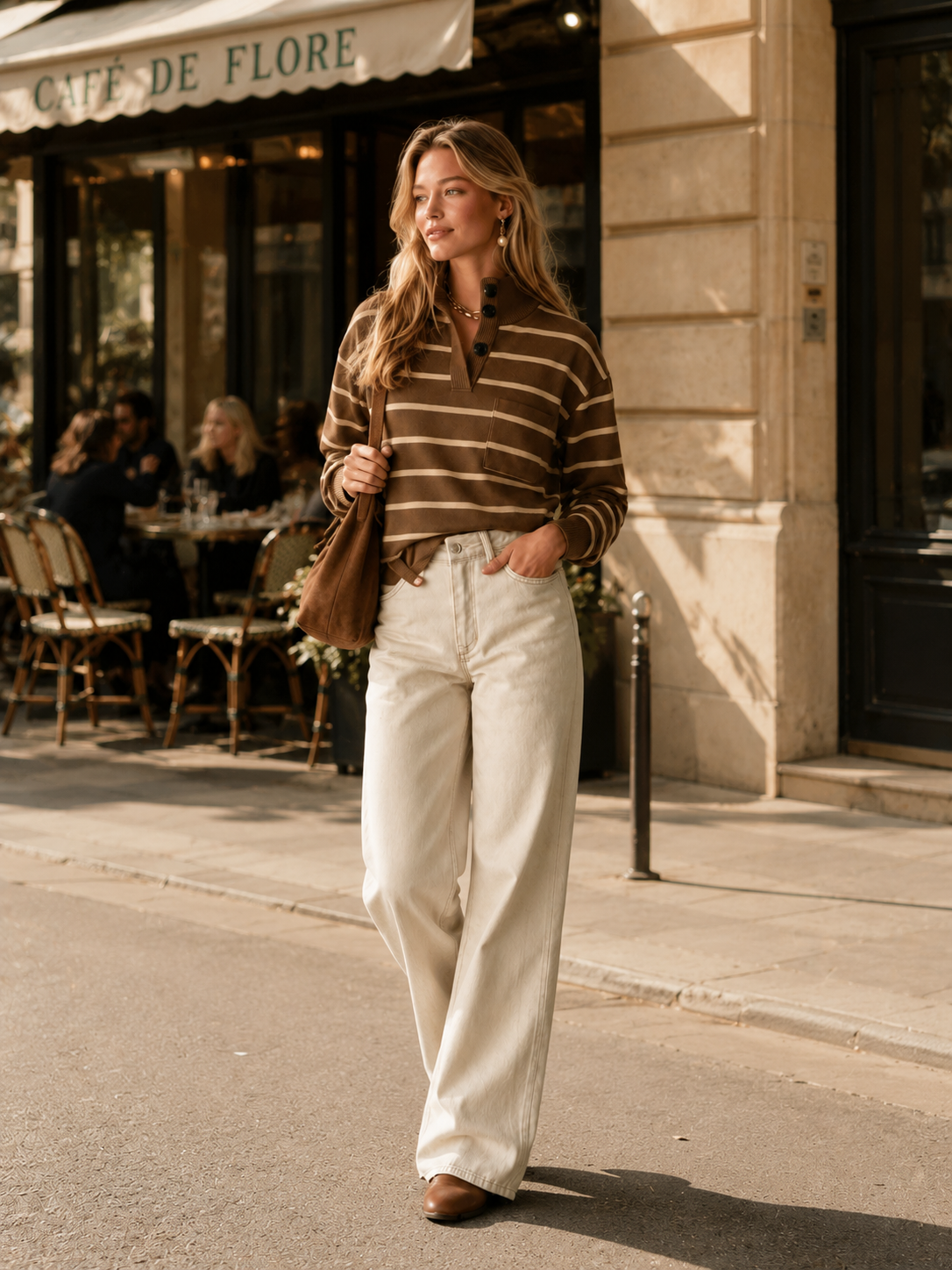 Brown Striped Mock-neck Knit Pullover