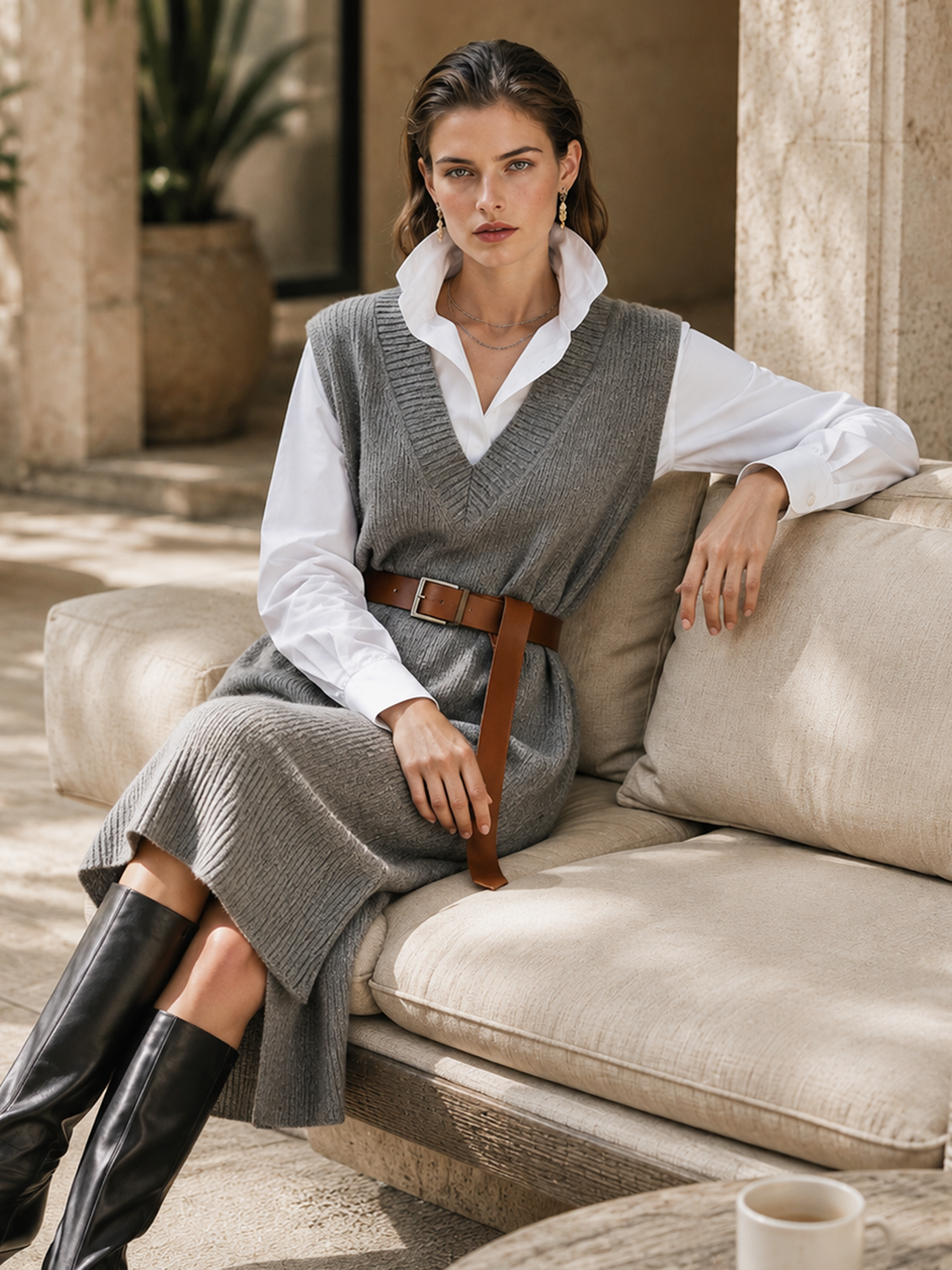 Elegant Grey V-Neck Knit Vest Midi Dress With Brown Belt