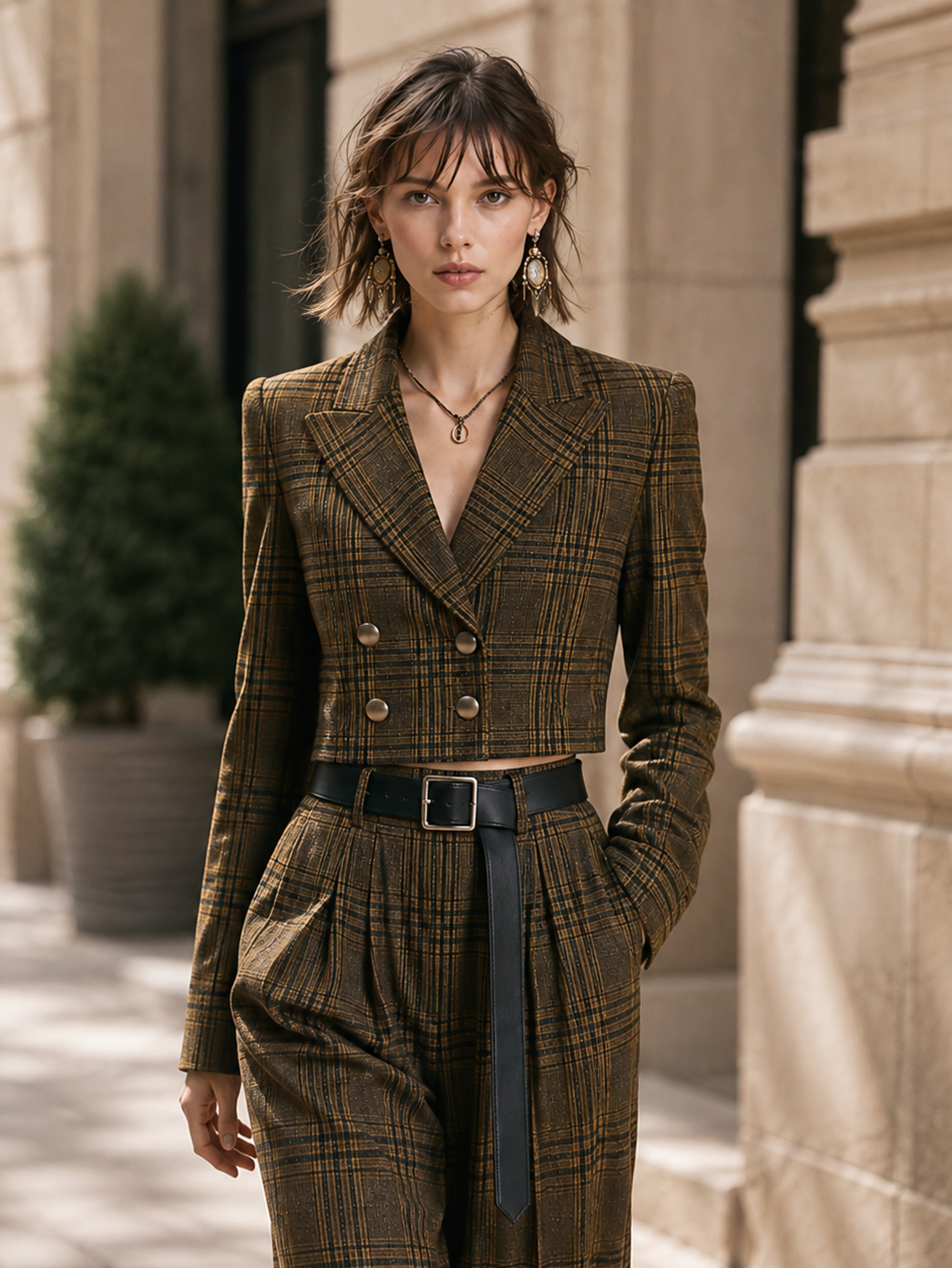 Elegant Olive Brown & Dark Coffee Plaid Cropped Blazer