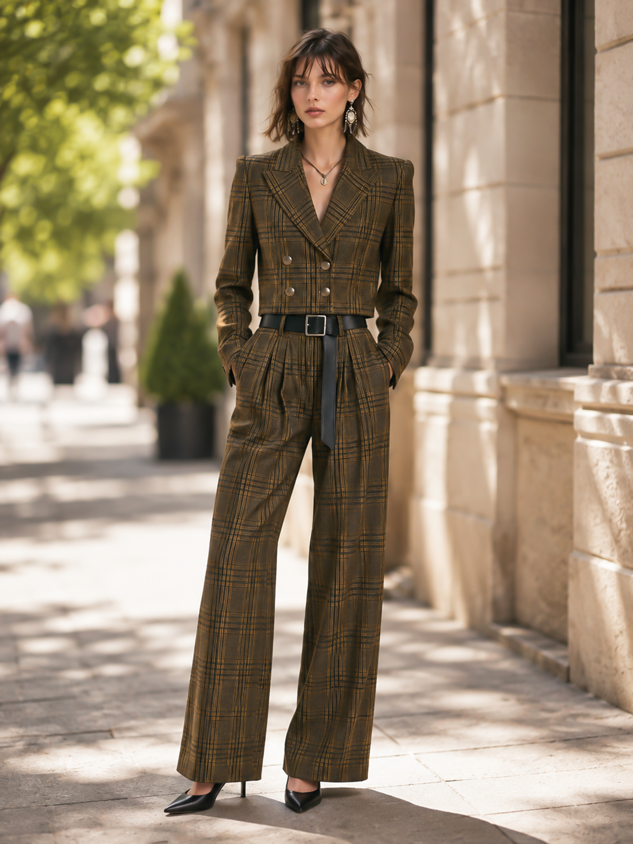 Elegant Olive Brown & Dark Coffee Plaid Wide-Leg Pants