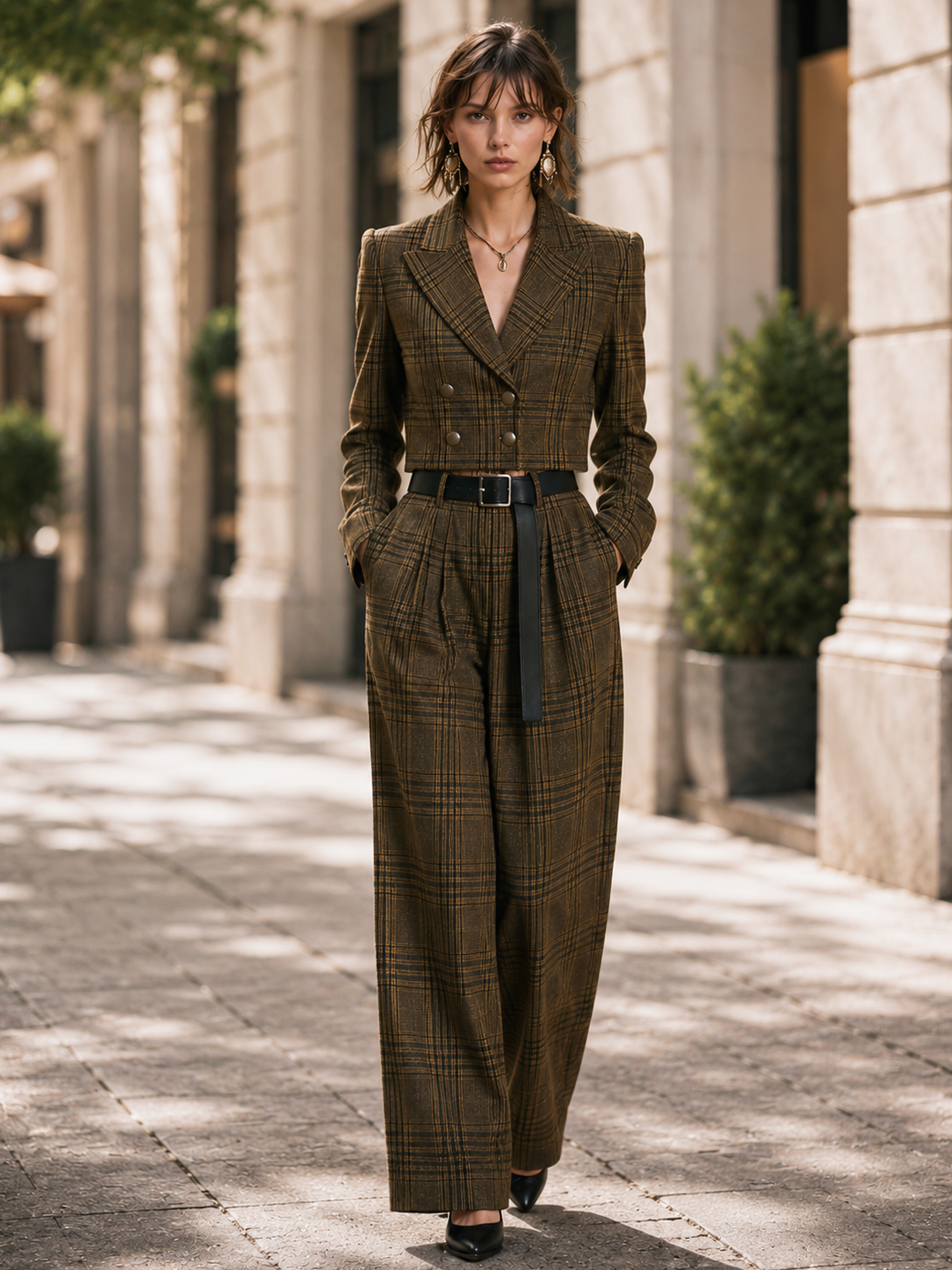 Elegant Olive Brown & Dark Coffee Plaid Wide-Leg Pants