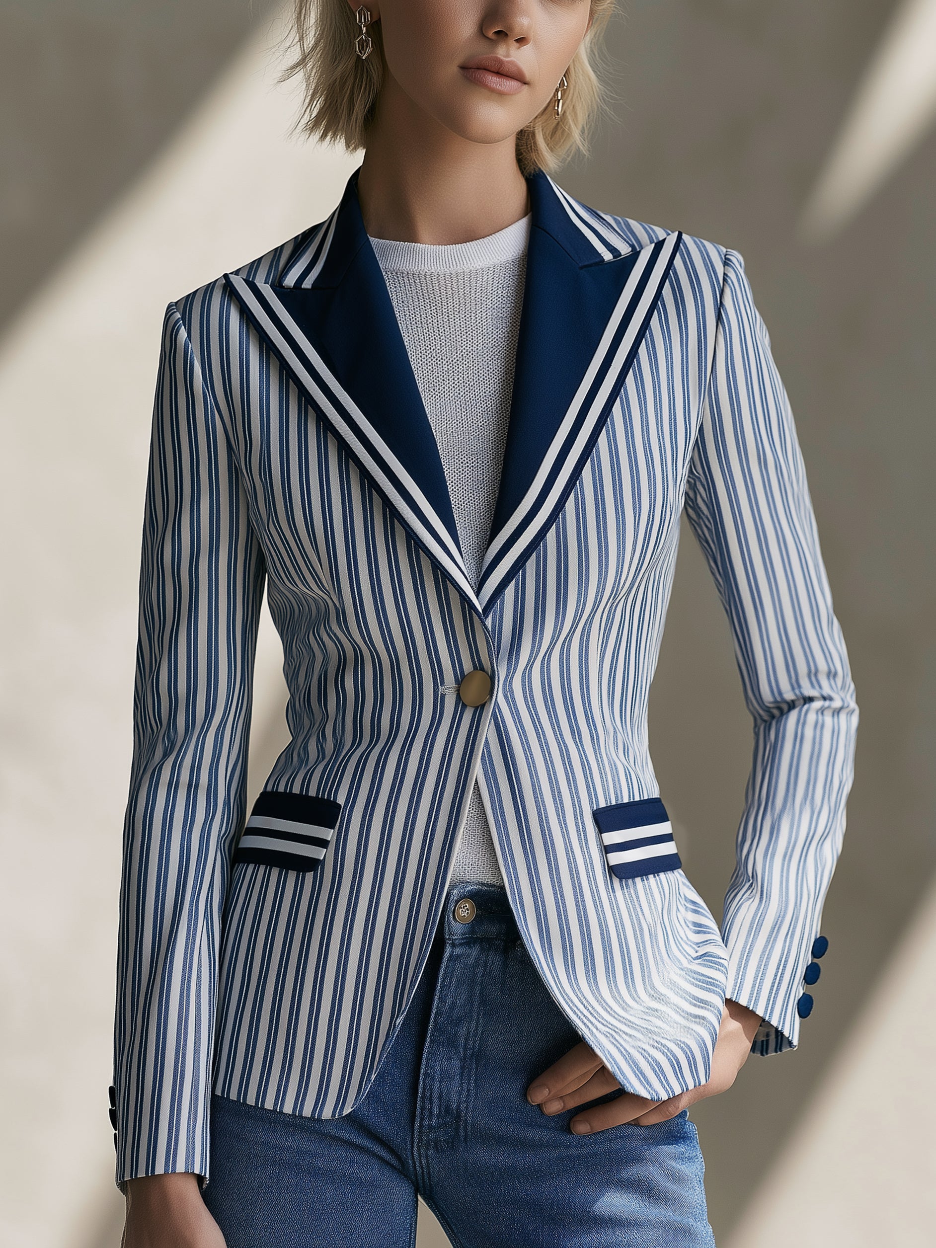 Tailored Retro Color-blocked Striped 2-pocket Blazer