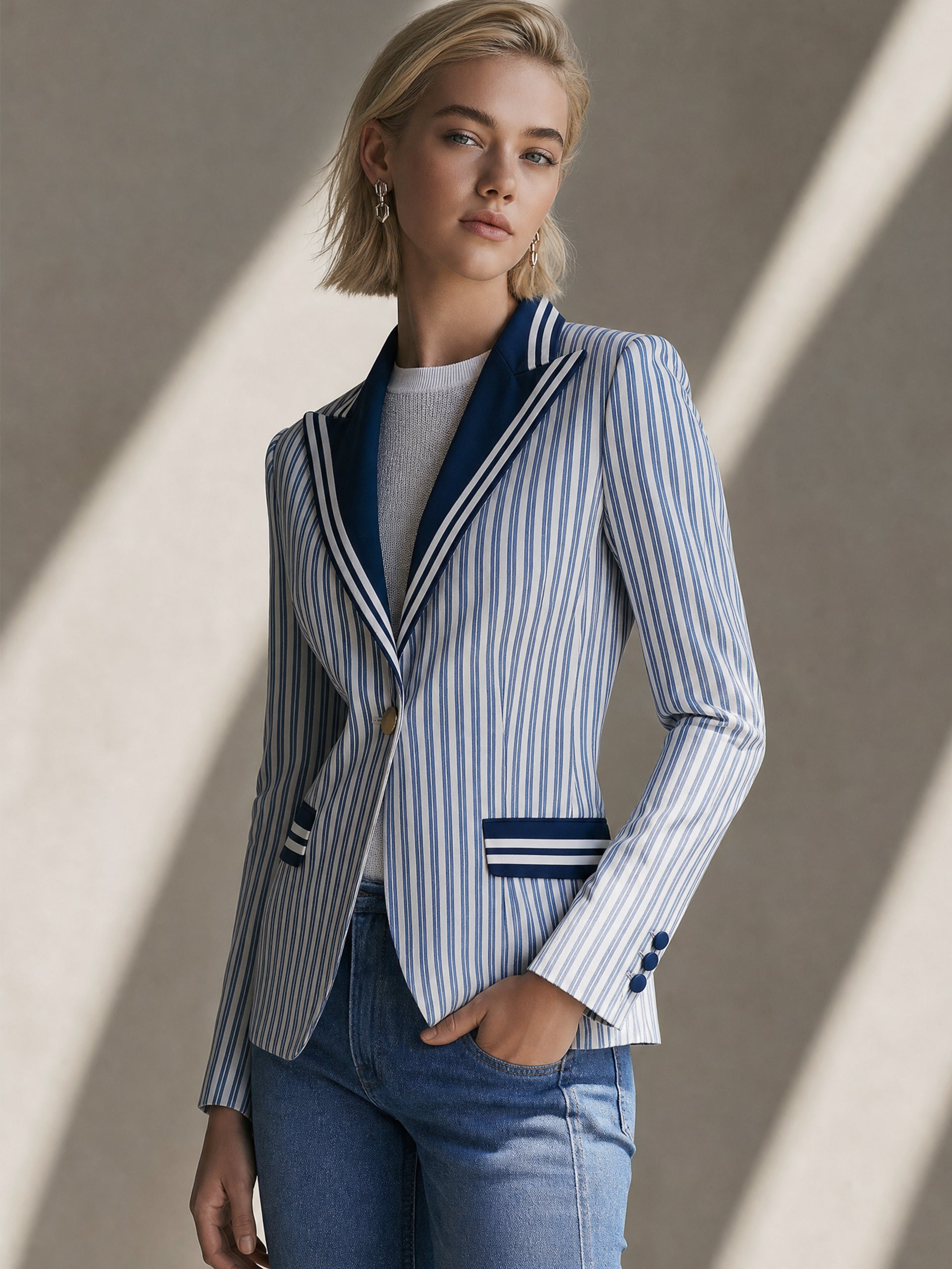 Tailored Retro Color-blocked Striped 2-pocket Blazer