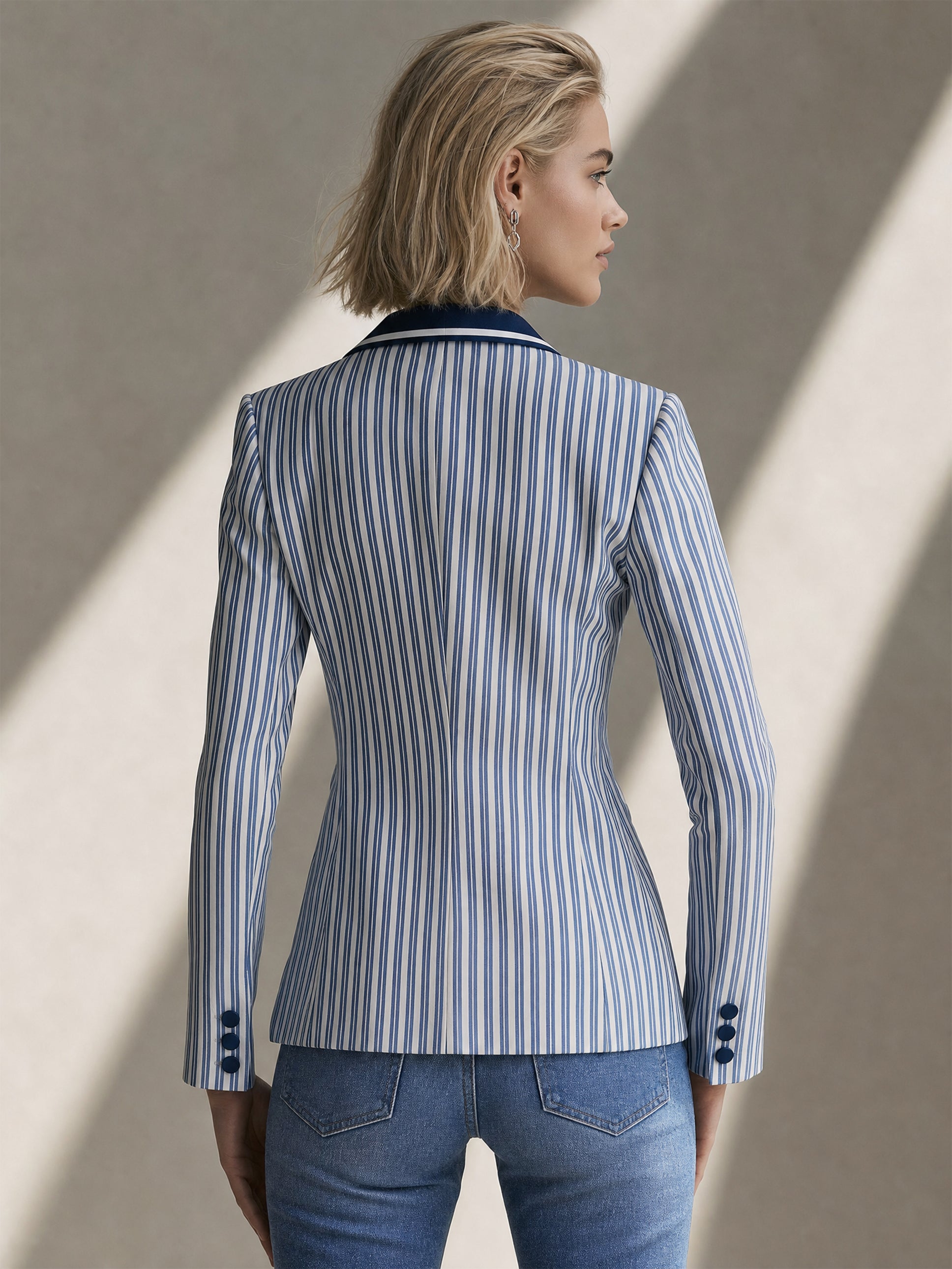 Tailored Retro Color-blocked Striped 2-pocket Blazer