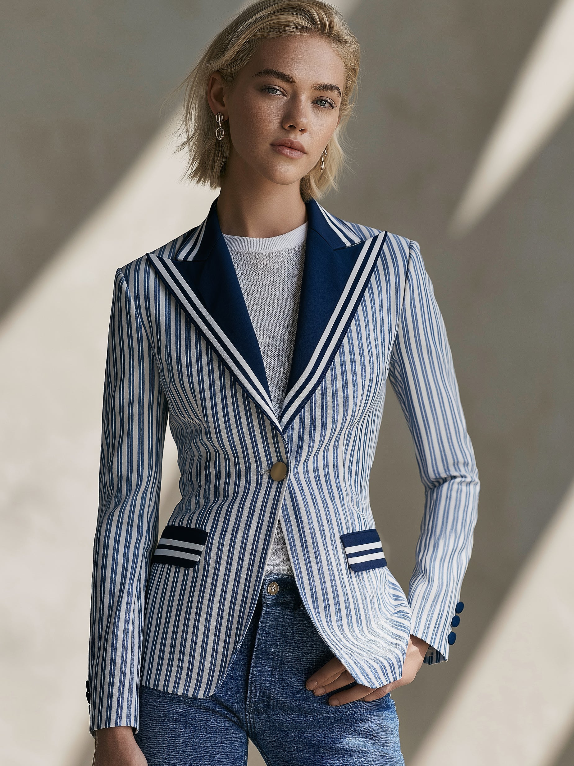 Tailored Retro Color-blocked Striped 2-pocket Blazer