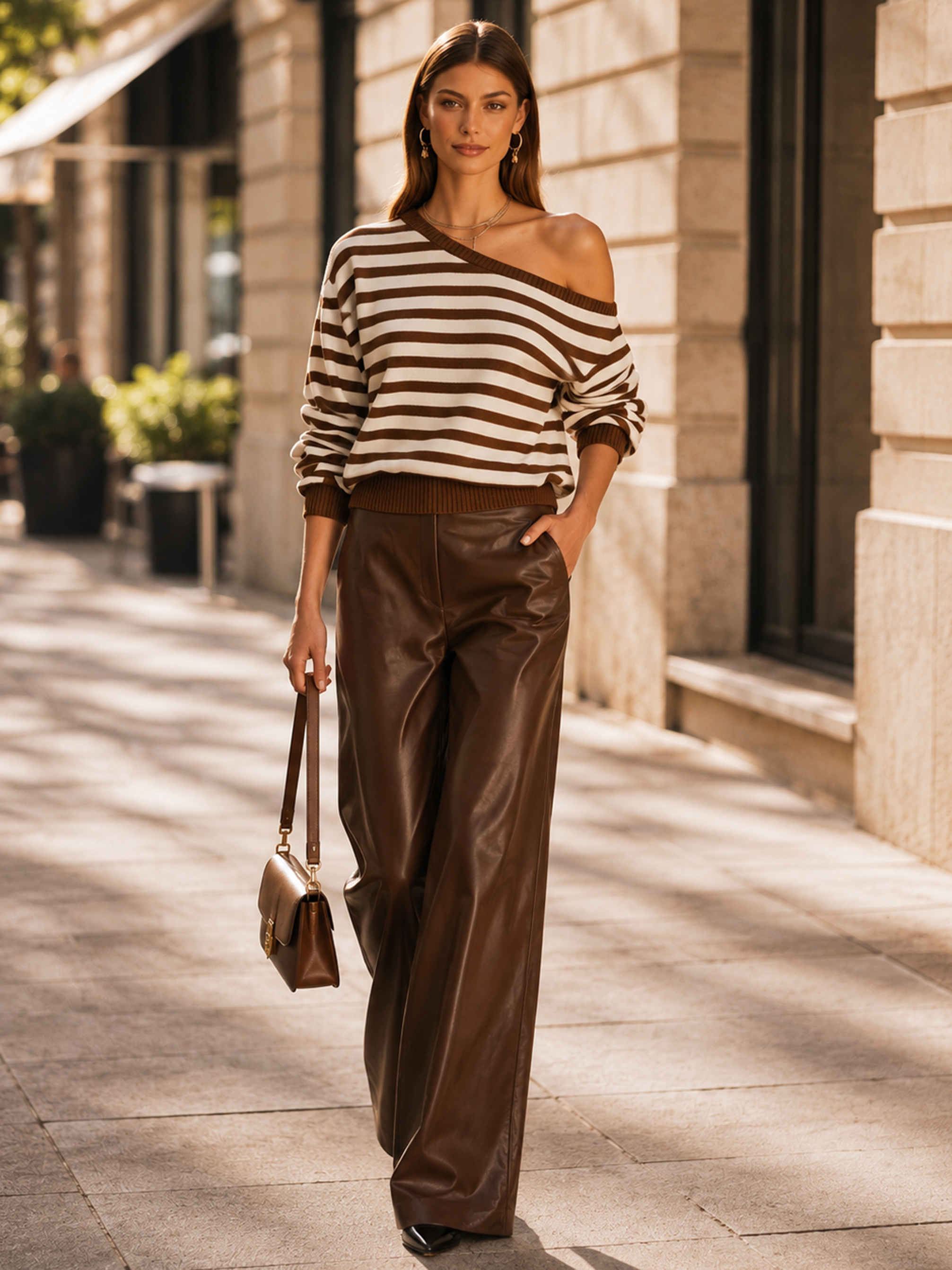 Elegant Chocolate Brown Leather Wide-Leg Pants