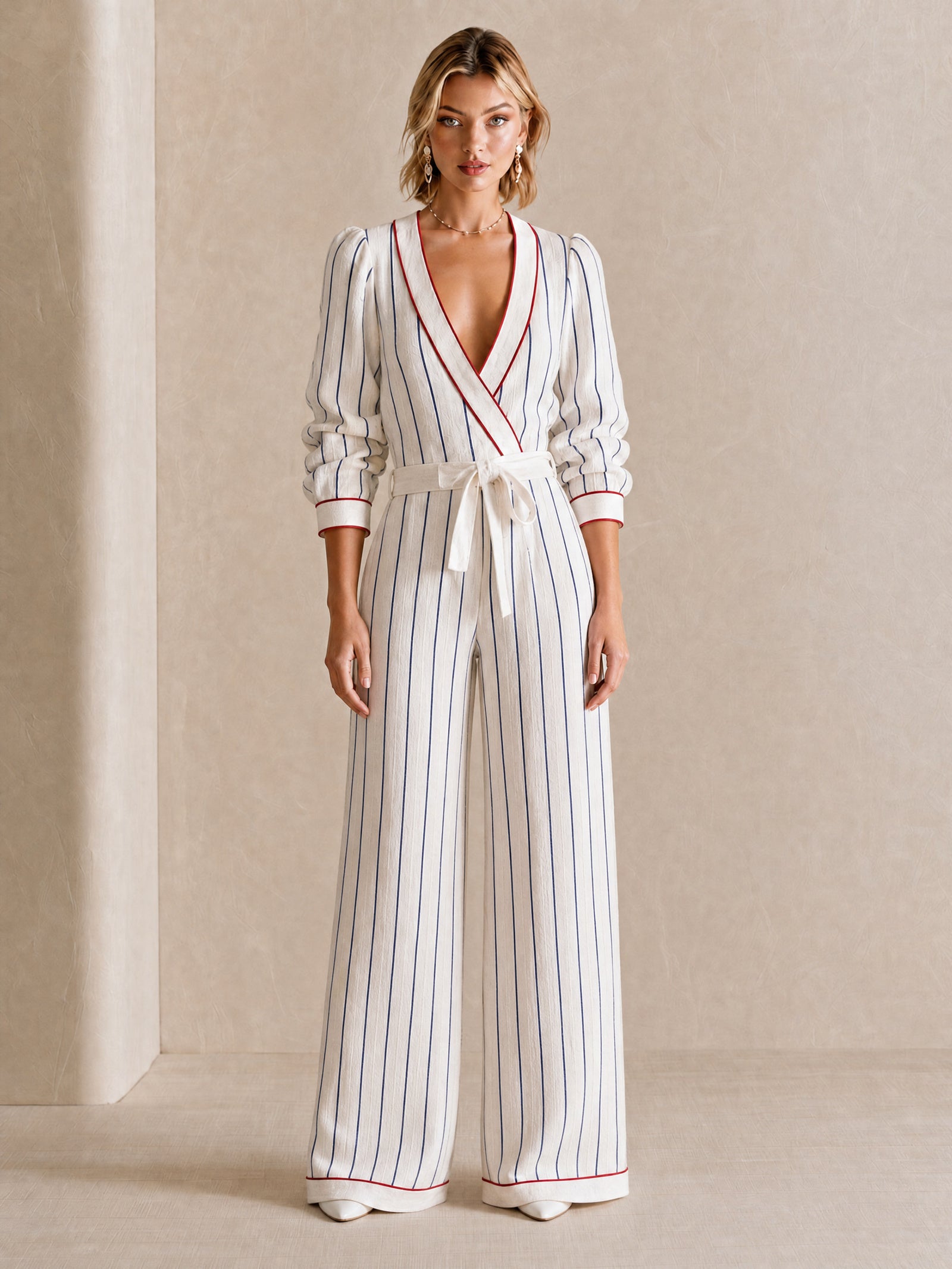 Elegant Off-White Jumpsuit With Contrasting Stripes