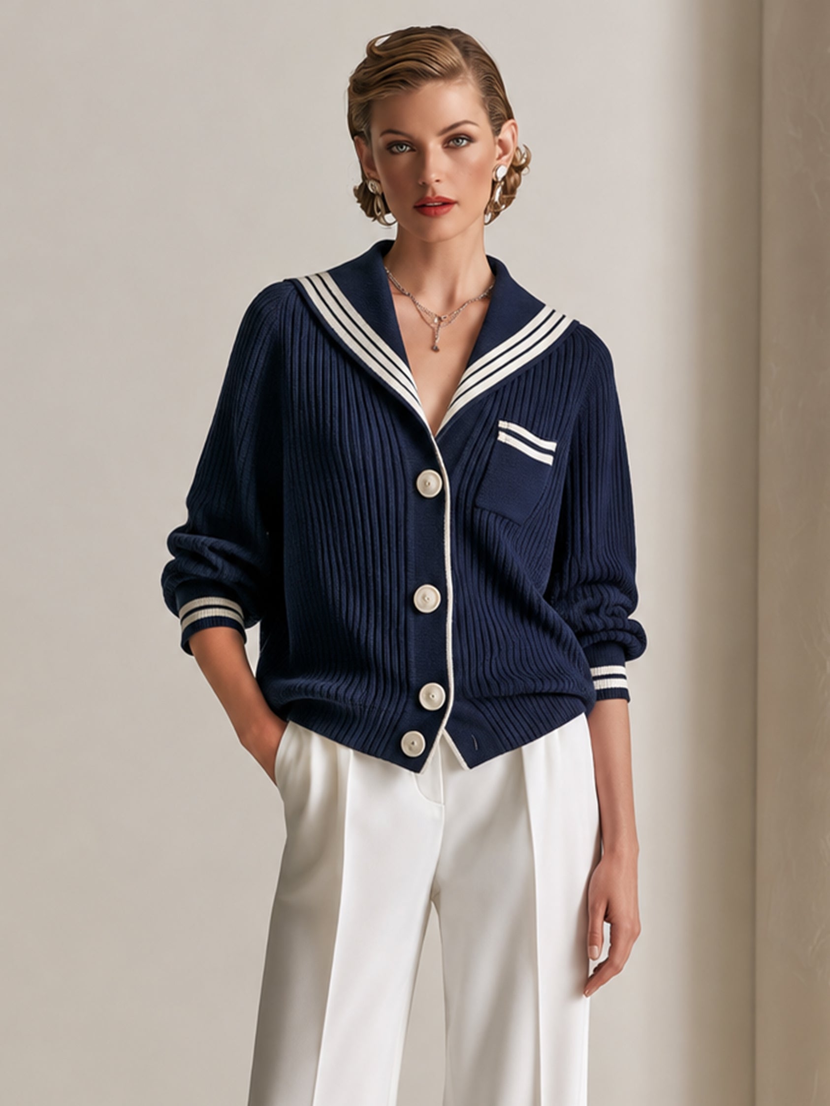 Navy Blue Striped Knit Cardigan With A Sailor Collar