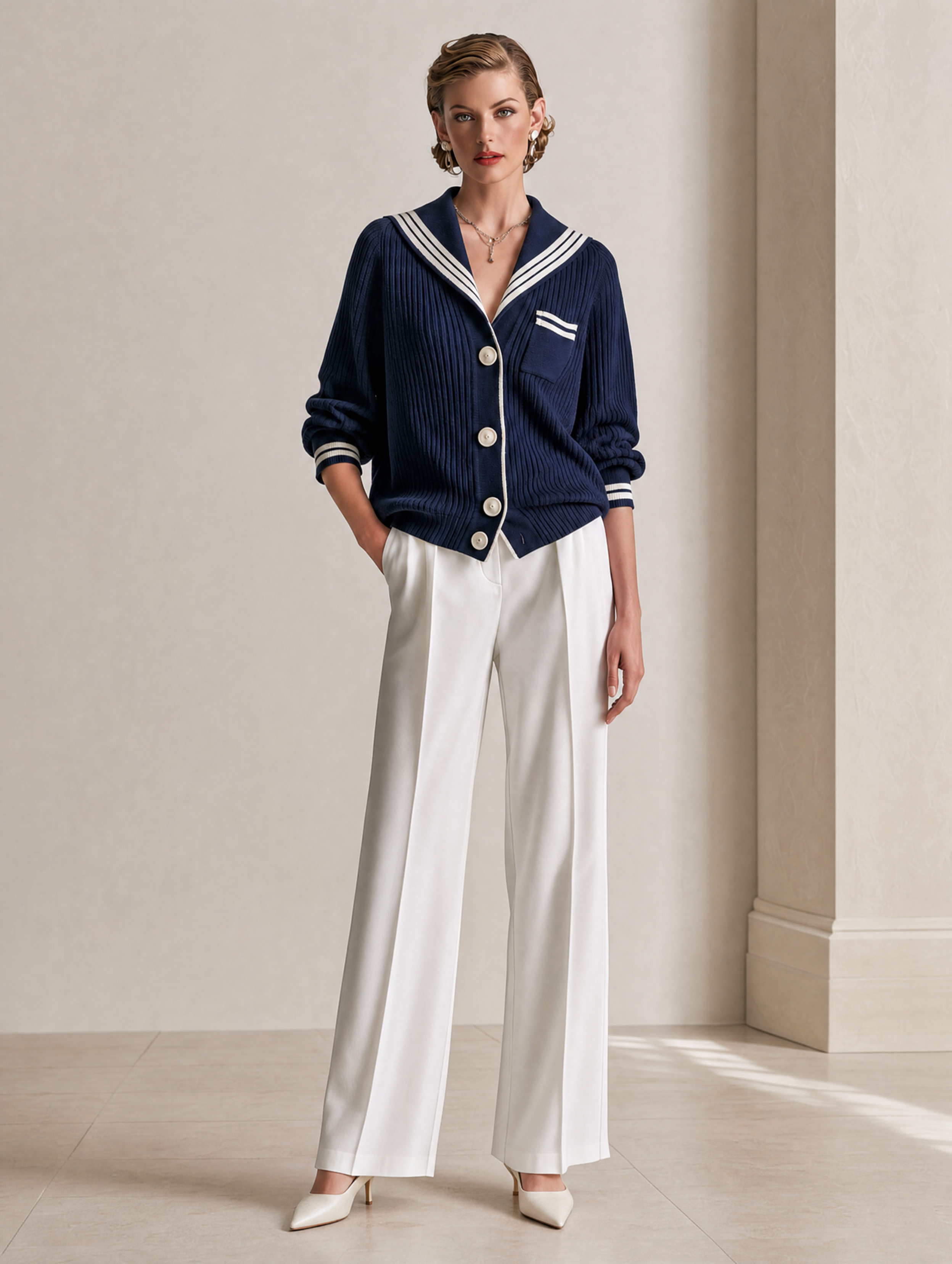 Navy Blue Striped Knit Cardigan With A Sailor Collar