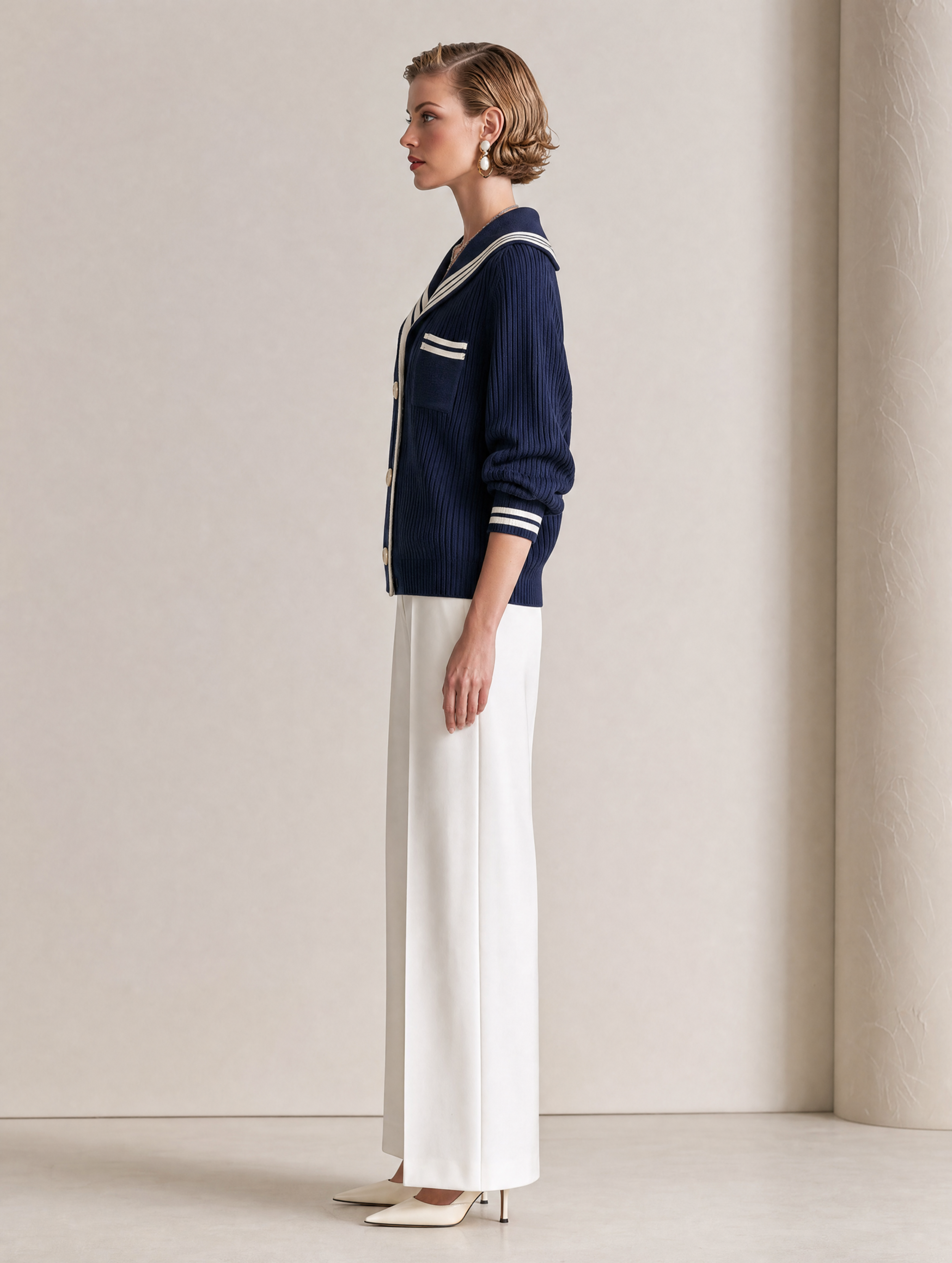 Navy Blue Striped Knit Cardigan With A Sailor Collar