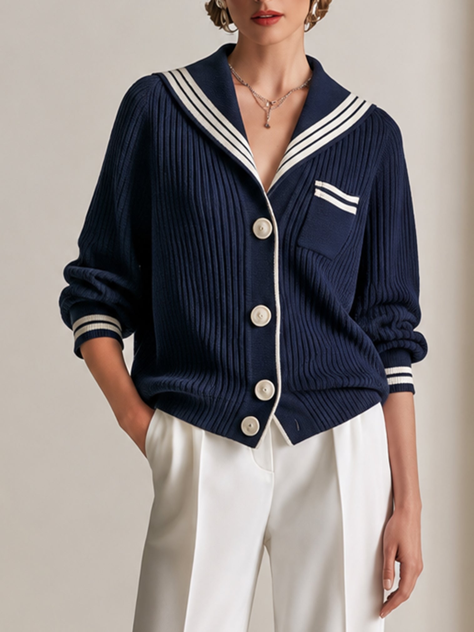 Navy Blue Striped Knit Cardigan With A Sailor Collar