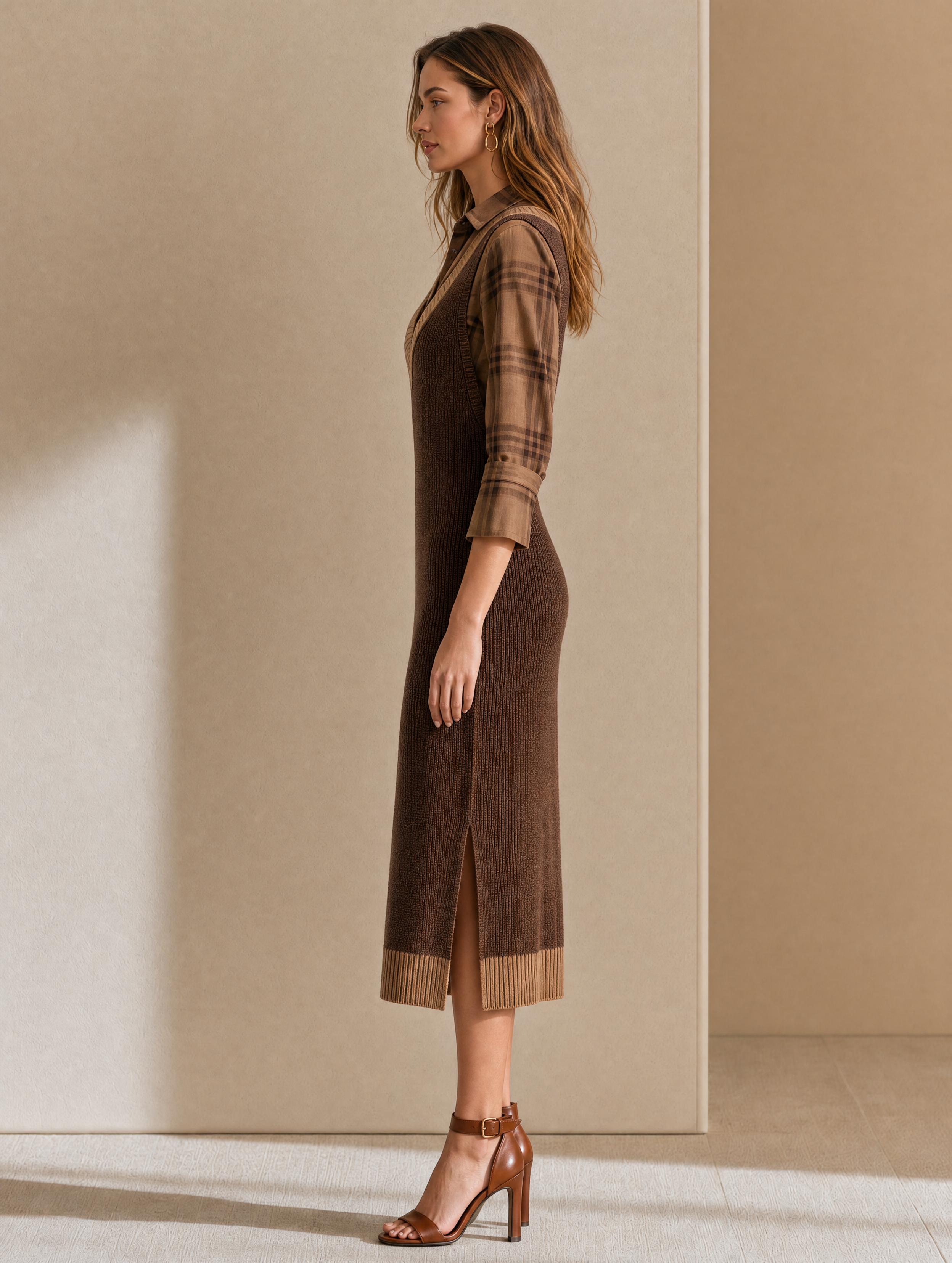 Brown Plaid Shirt Paired With A Knitted Pinafore Dress