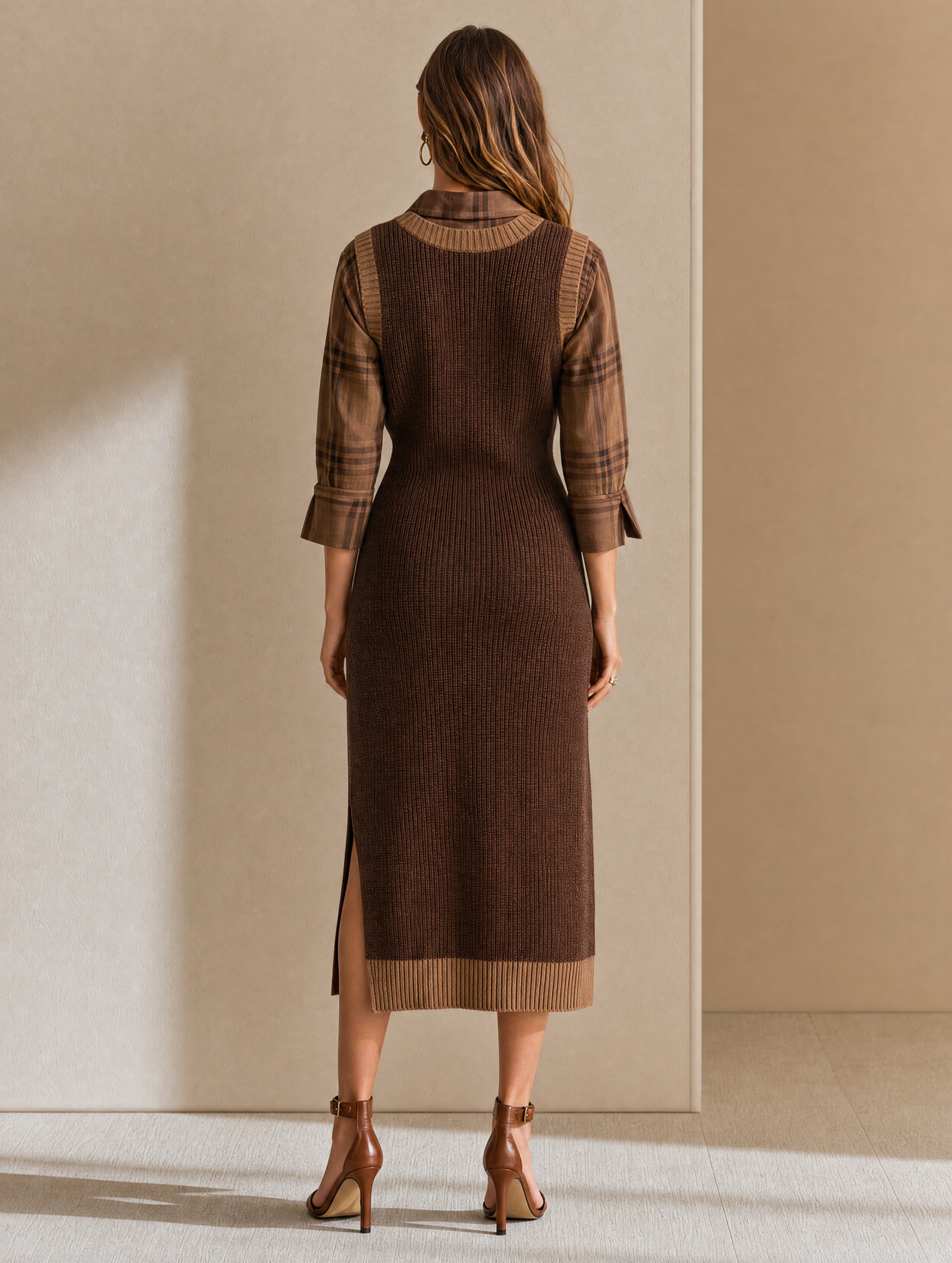 Brown Plaid Shirt Paired With A Knitted Pinafore Dress