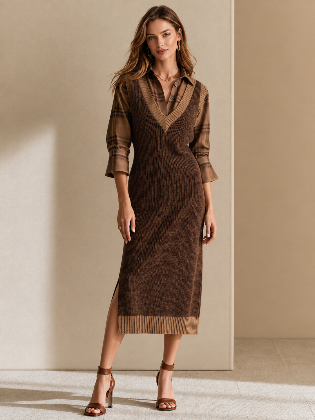 Brown Plaid Shirt Paired With A Knitted Pinafore Dress