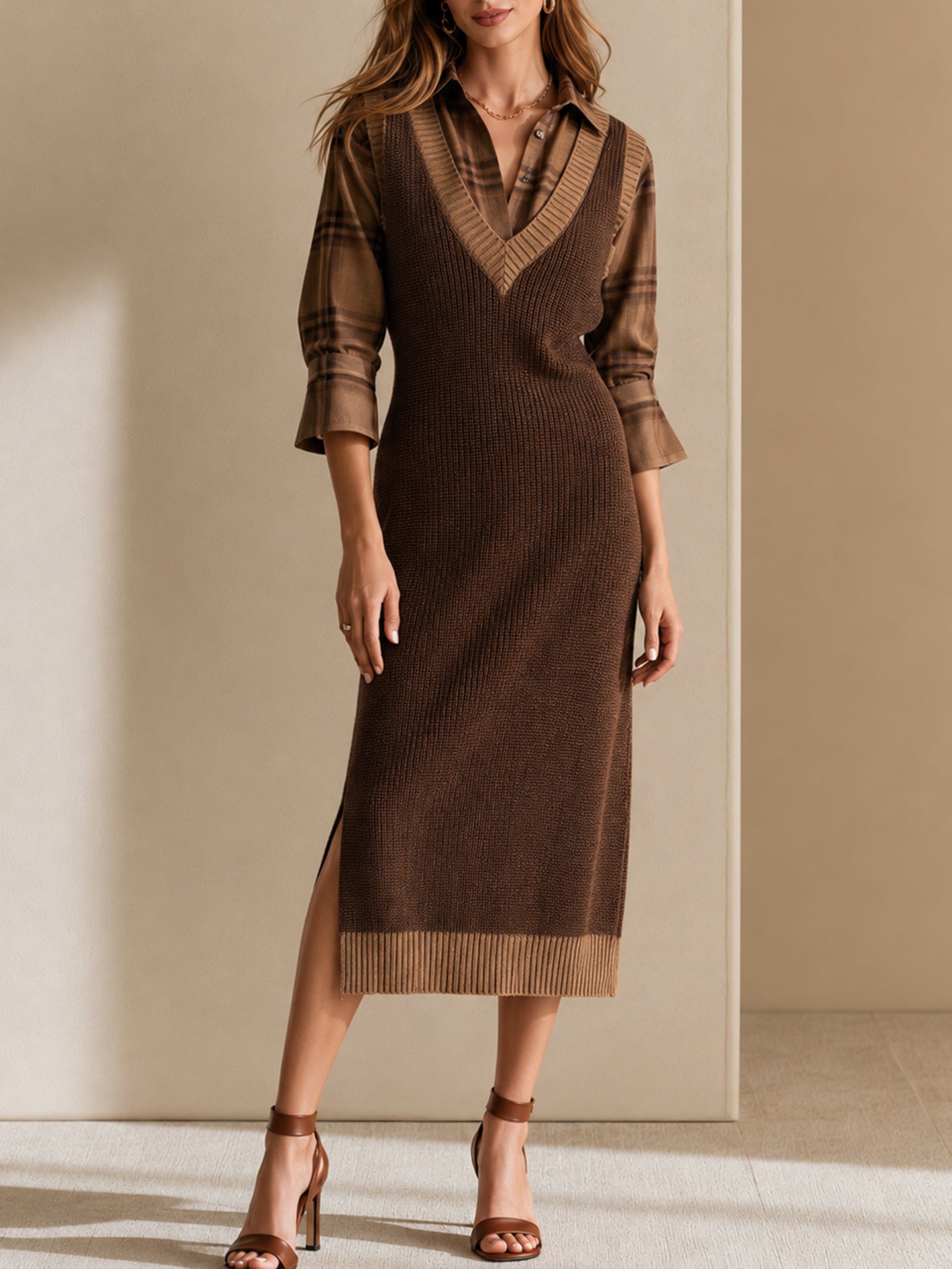 Brown Plaid Shirt Paired With A Knitted Pinafore Dress