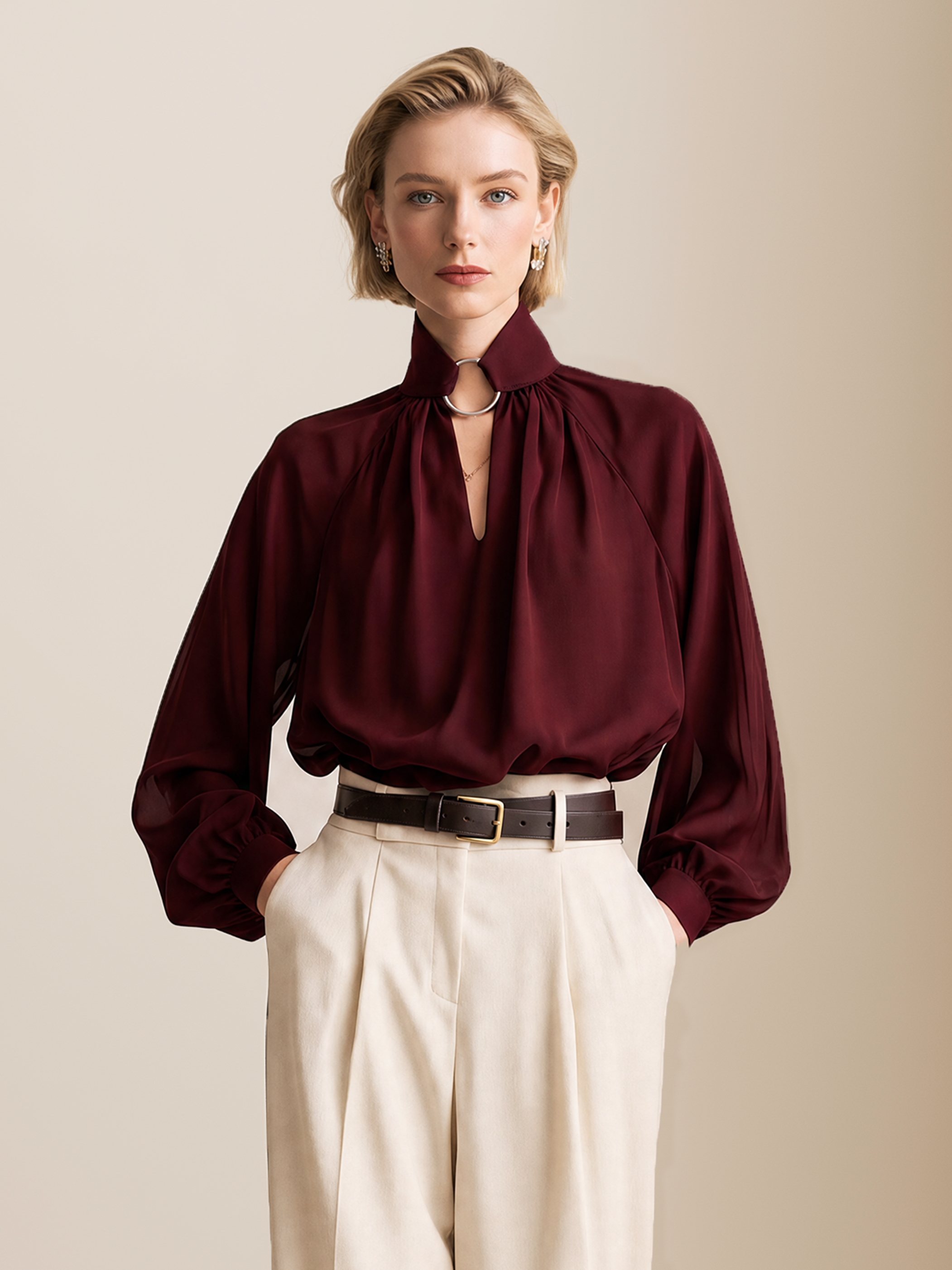 Elegant Burgundy Satin V-Neck Cutout Blouse