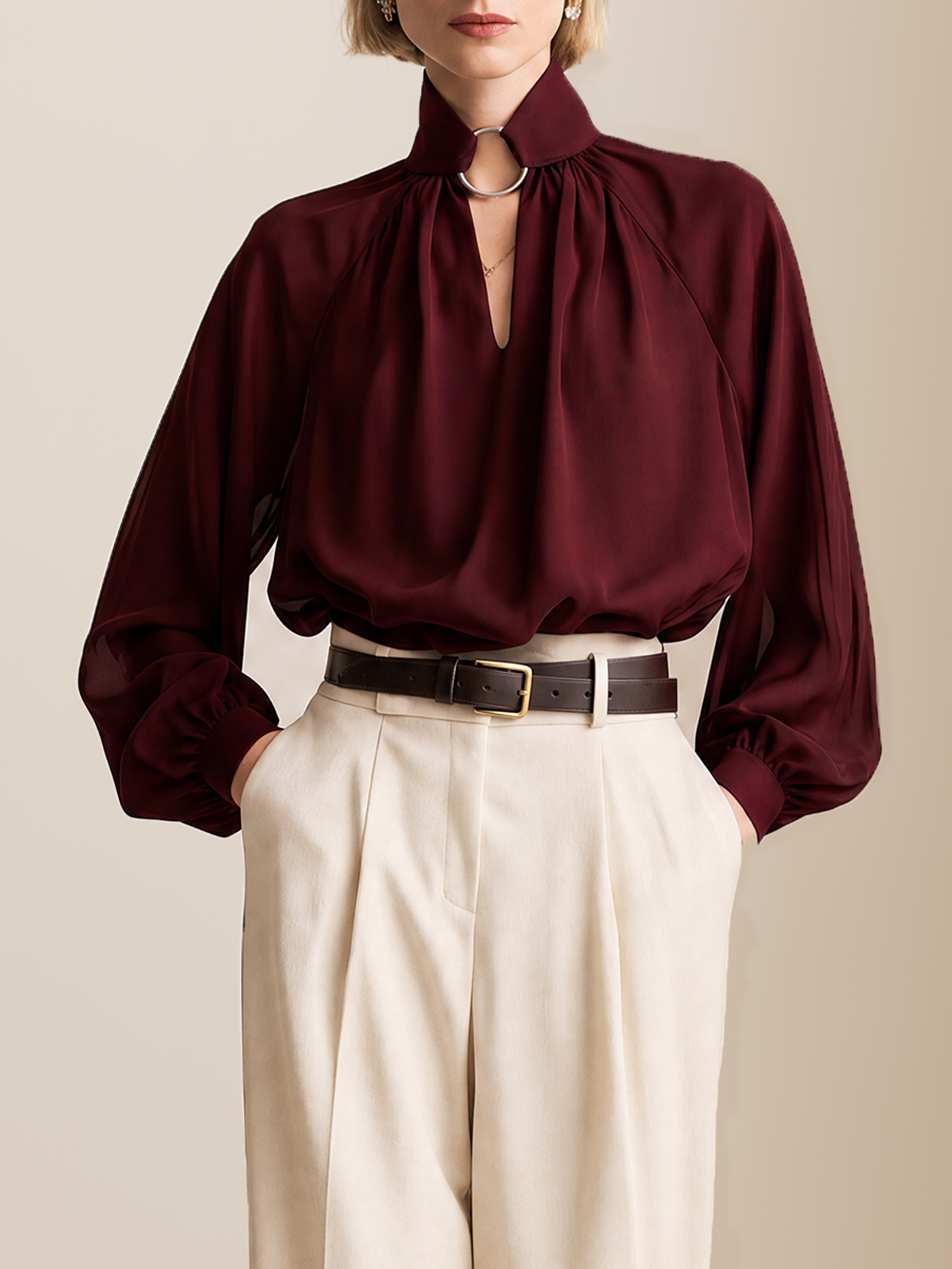 Elegant Burgundy Satin V-Neck Cutout Blouse