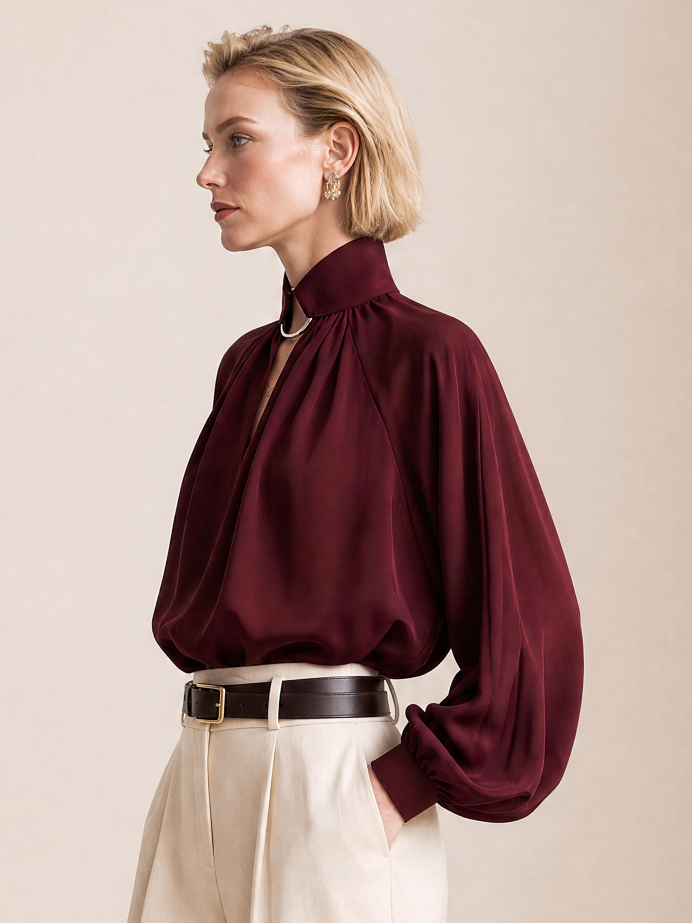 Elegant Burgundy Satin V-Neck Cutout Blouse