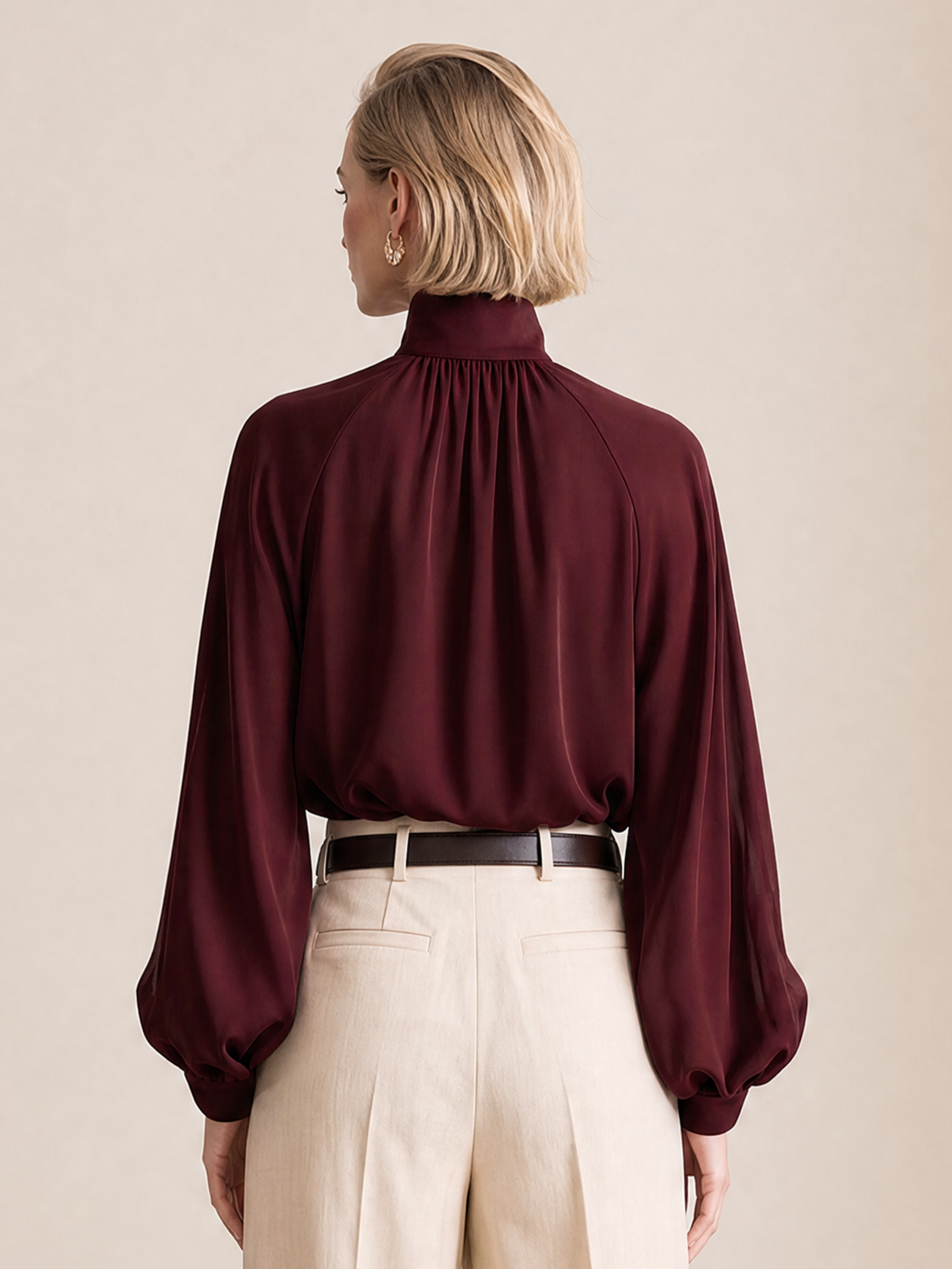 Elegant Burgundy Satin V-Neck Cutout Blouse