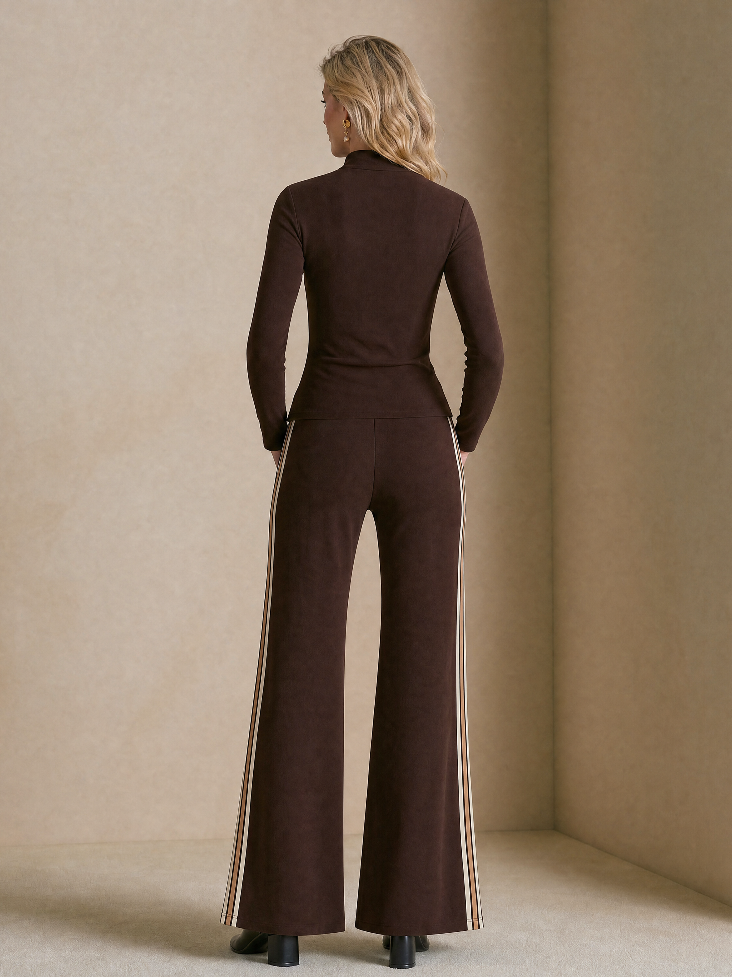 Elegant Dark Brown Contrast Stripe Wide-Leg Pants Set