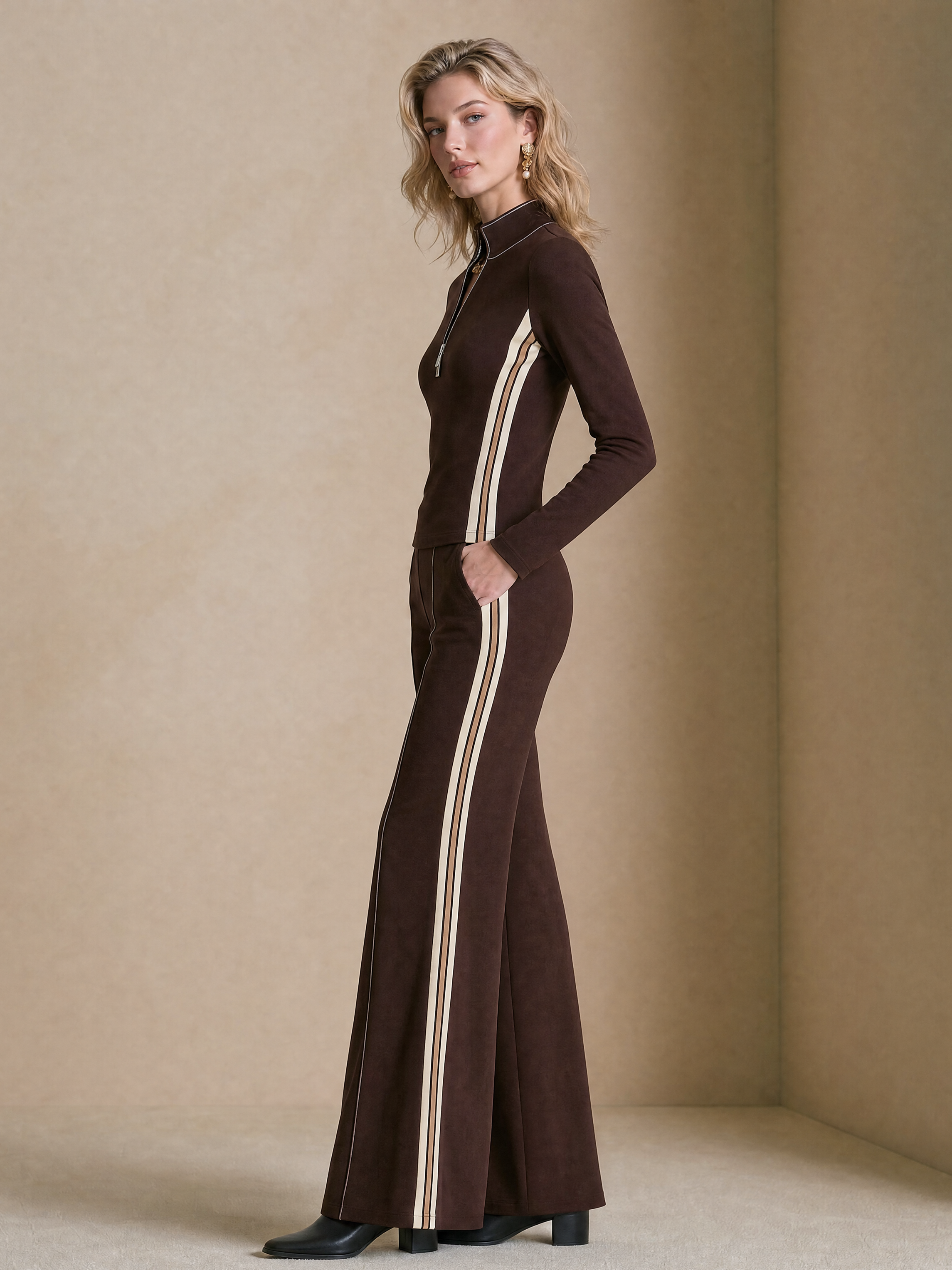 Elegant Dark Brown Contrast Stripe Wide-Leg Pants Set