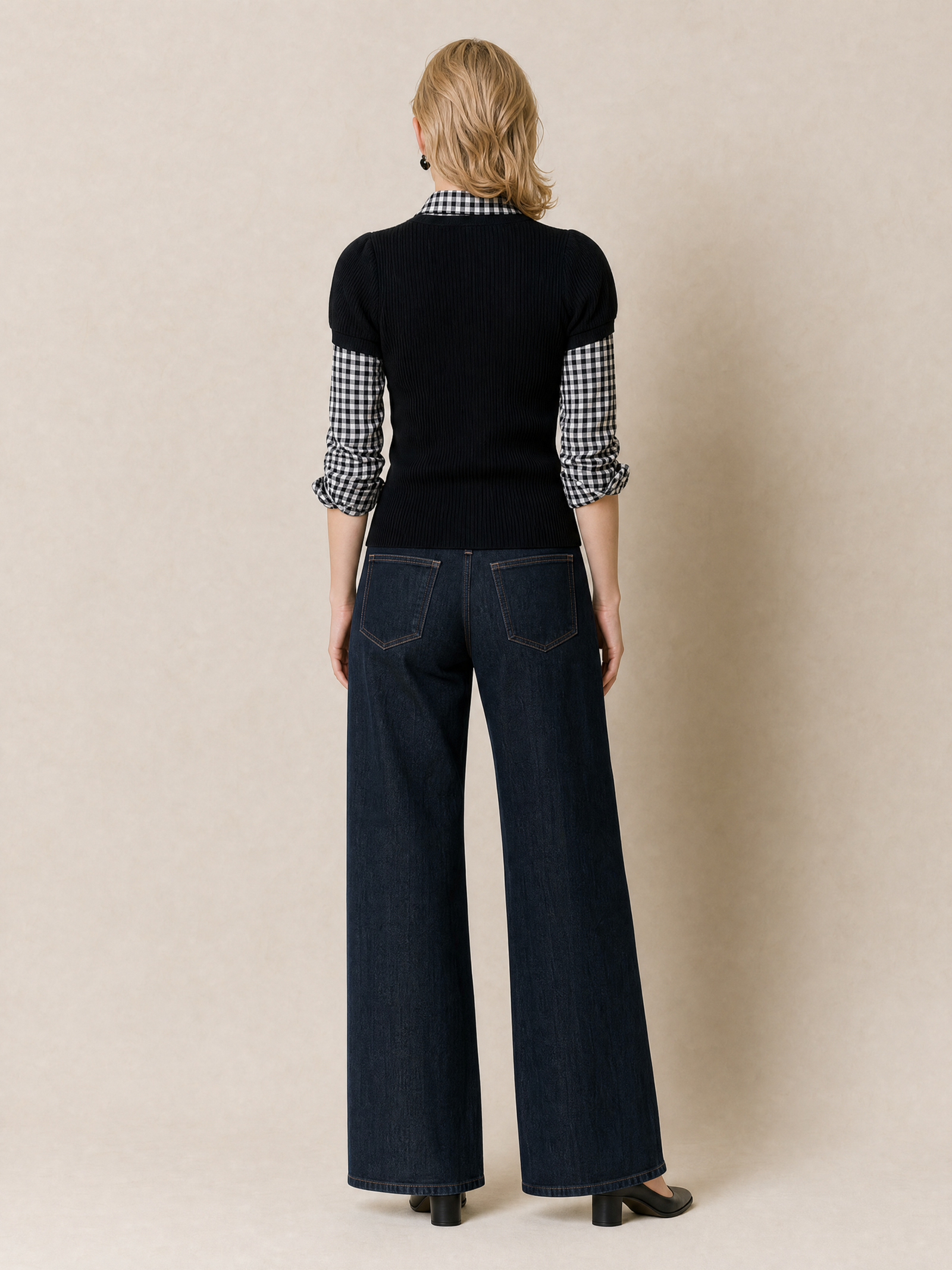 Black Knit Cardigan With A Plaid Shirt-style Layered Insert