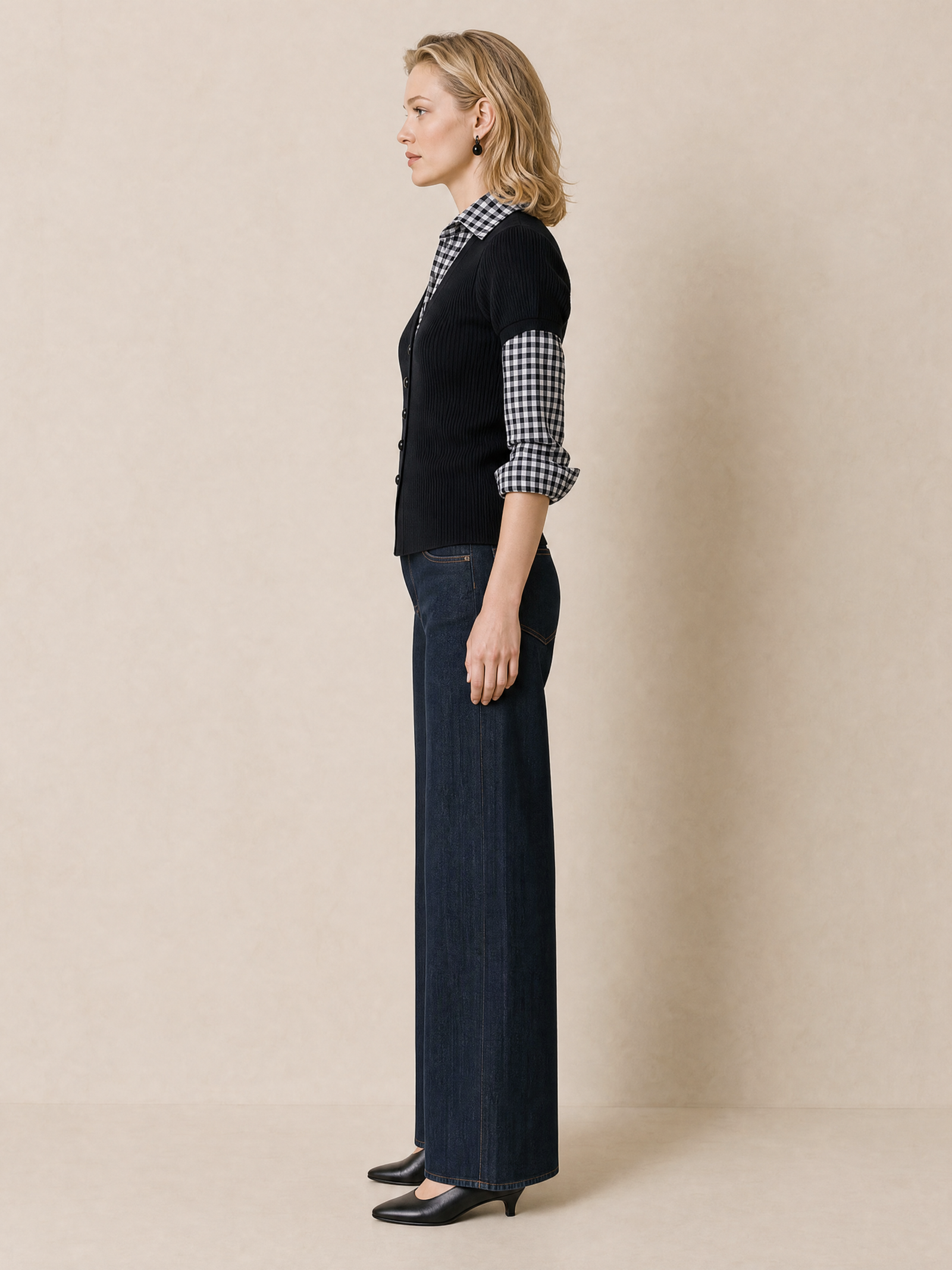Black Knit Cardigan With A Plaid Shirt-style Layered Insert