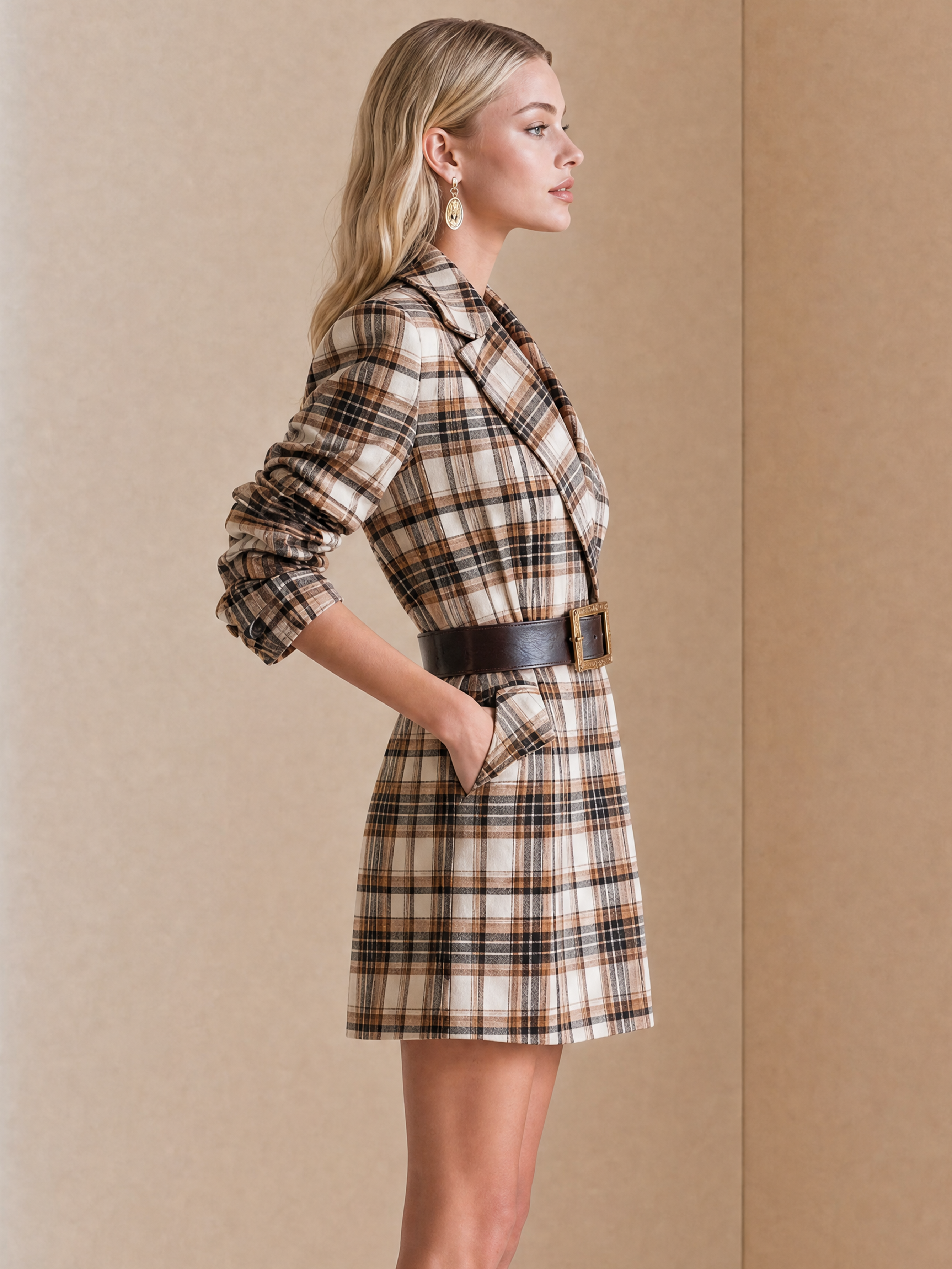 Elegant Brown & Ivory Plaid Blazer