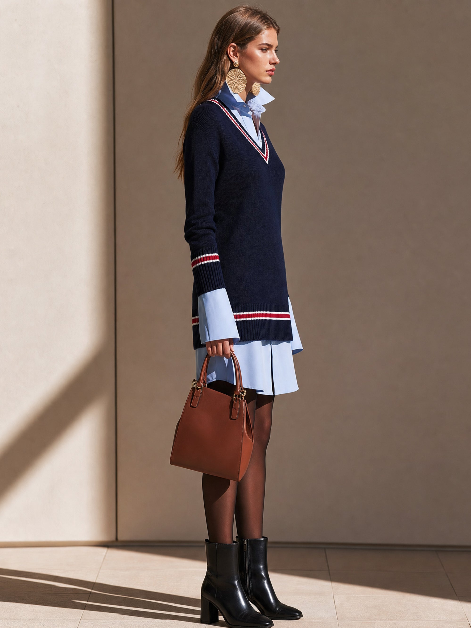 Faux‑Layer Varsity‑Inspired Knit Shirt Dress