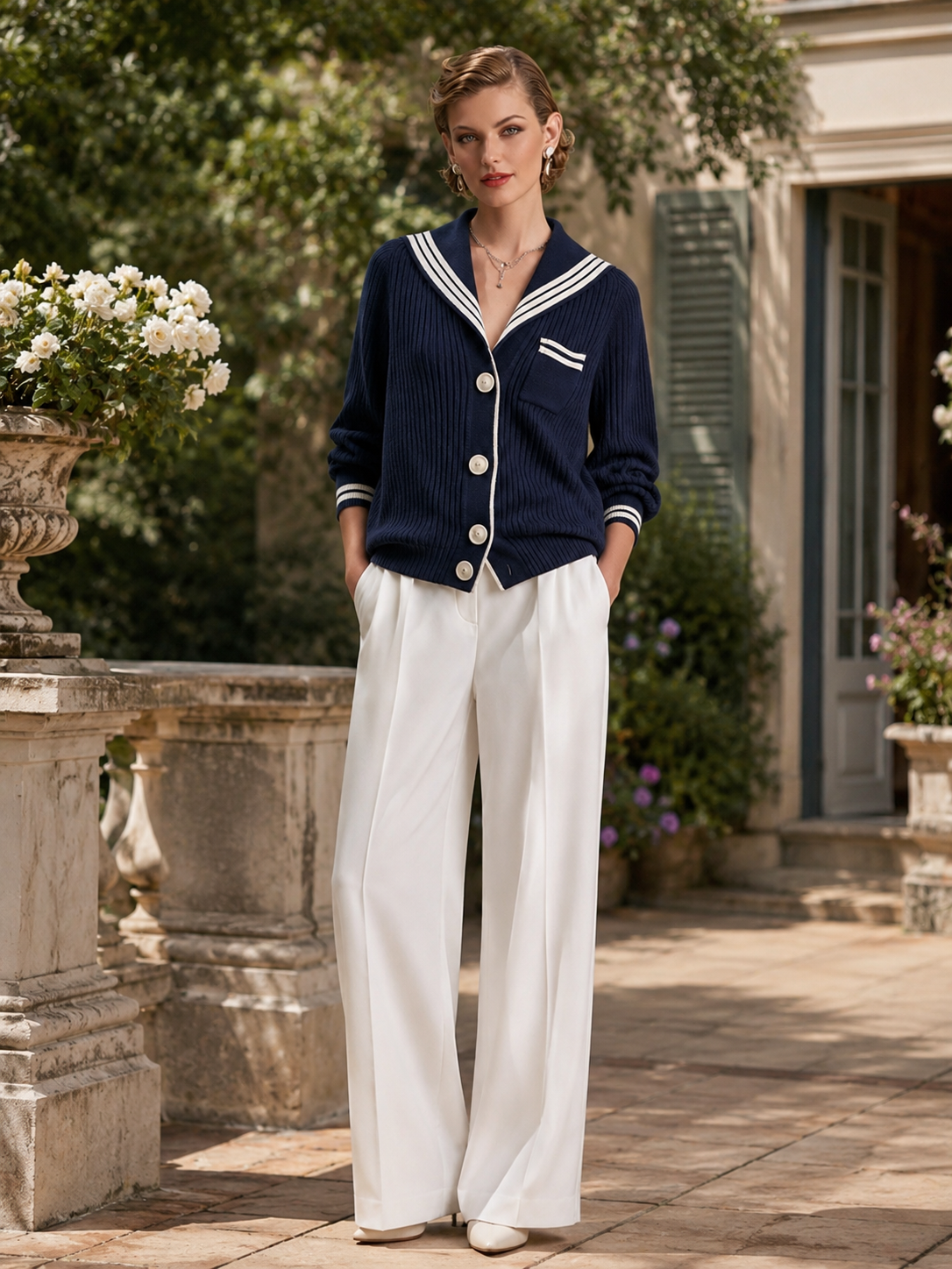 Navy Blue Striped Knit Cardigan With A Sailor Collar