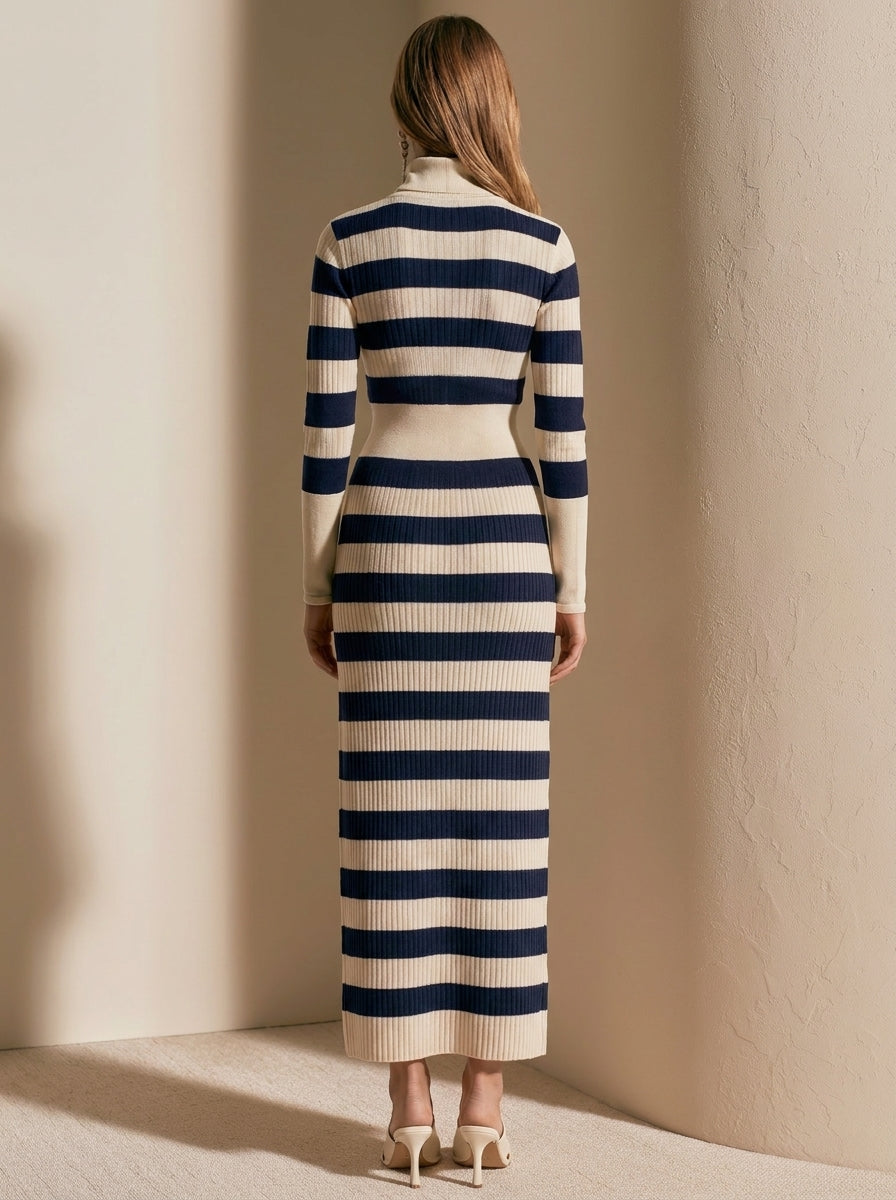 Elegant Blue And White Wide-striped High-neck Knitted Maxi Dress