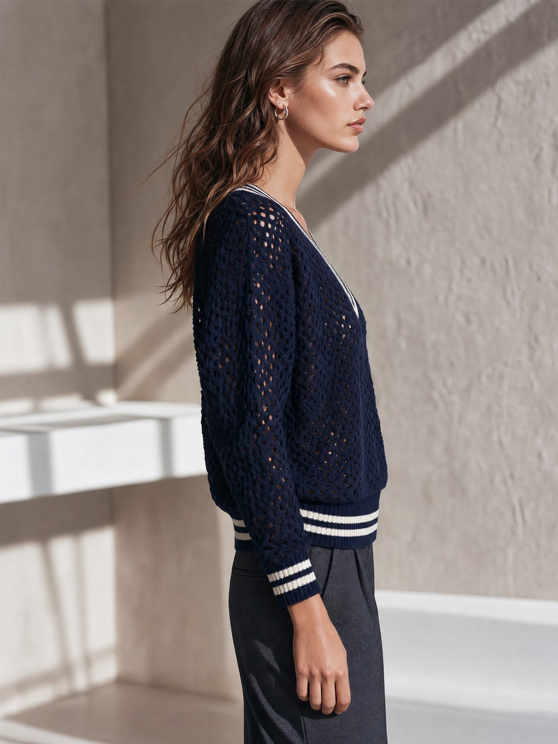 Open‑Stitch V‑Neck Knit Pullover