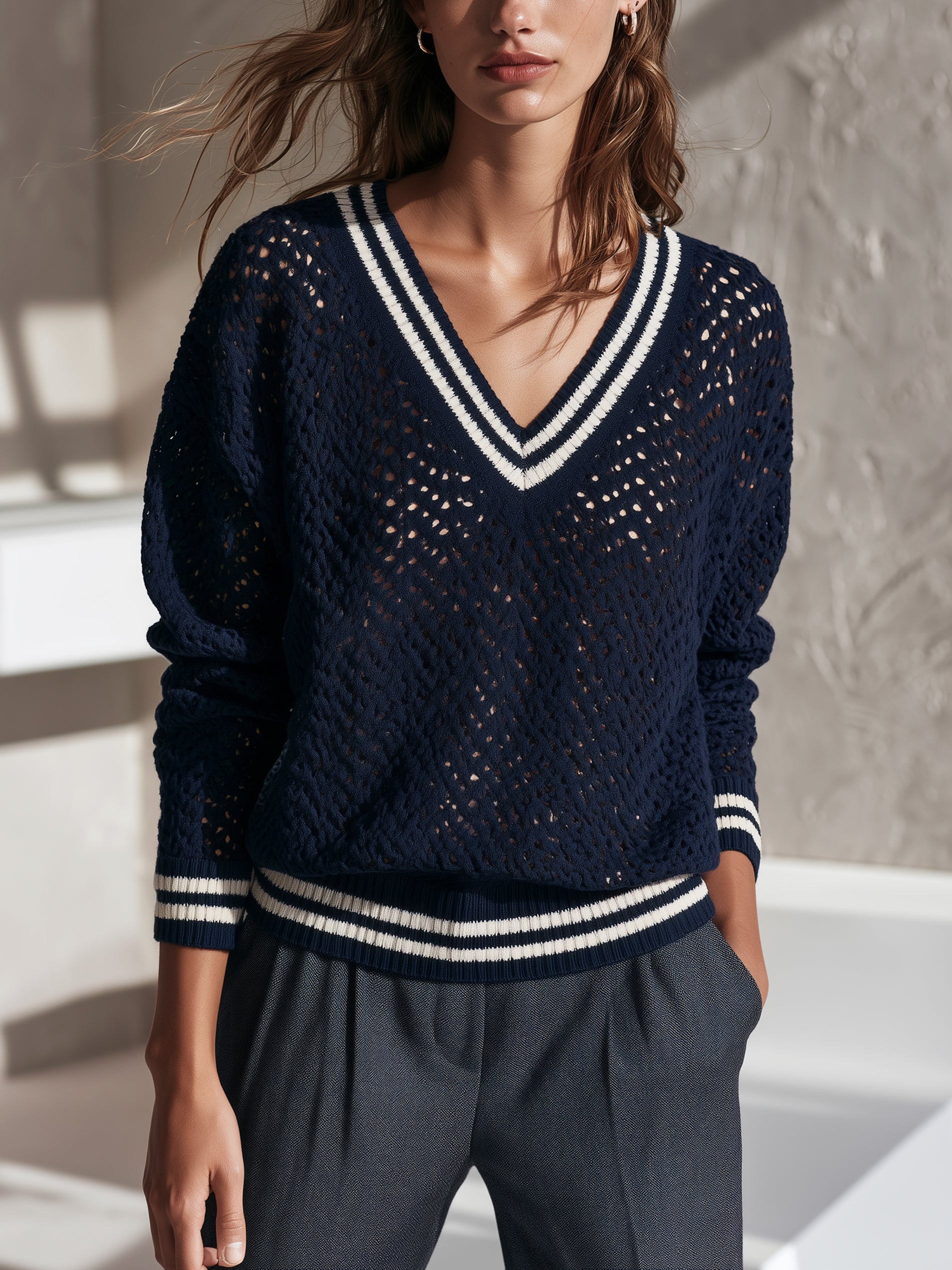 Open‑Stitch V‑Neck Knit Pullover