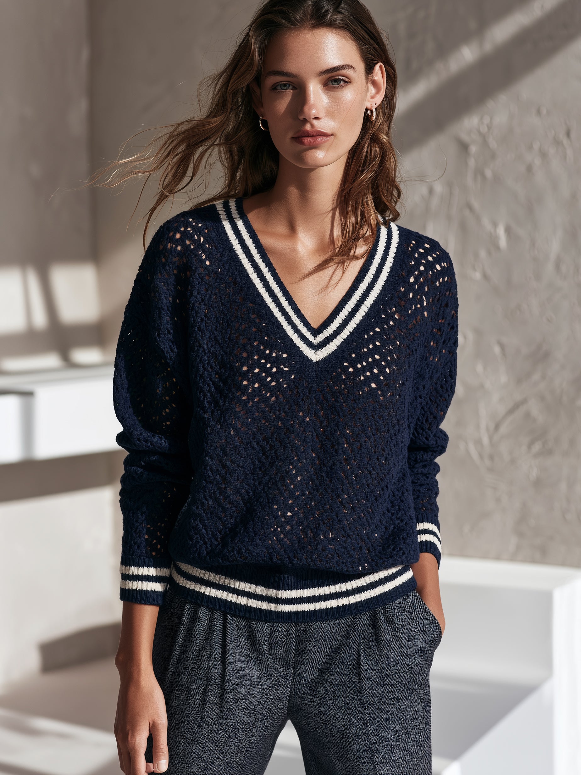 Open‑Stitch V‑Neck Knit Pullover