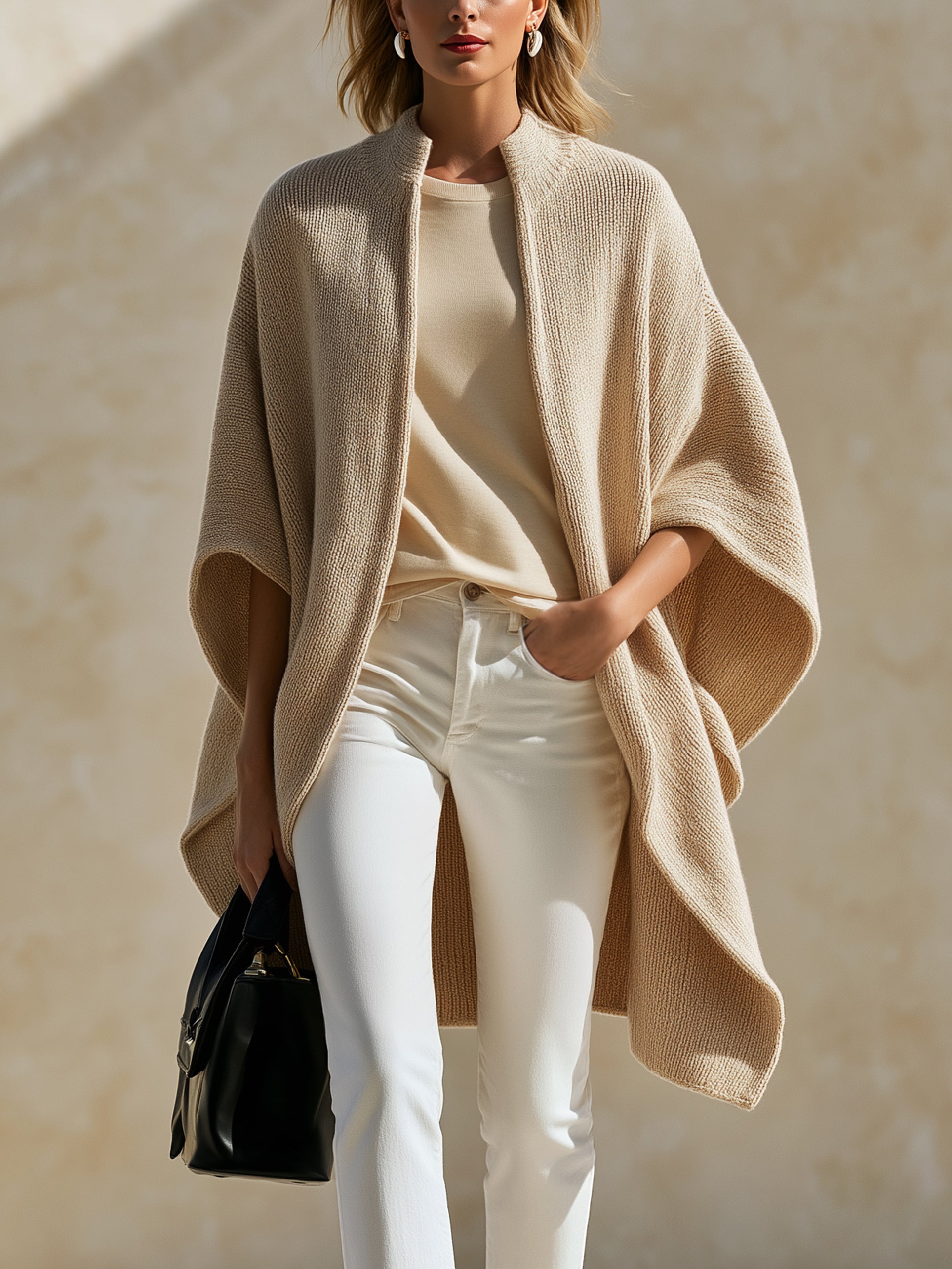 Relaxed Stand‑Collared Knit Poncho Cardigan Sweater