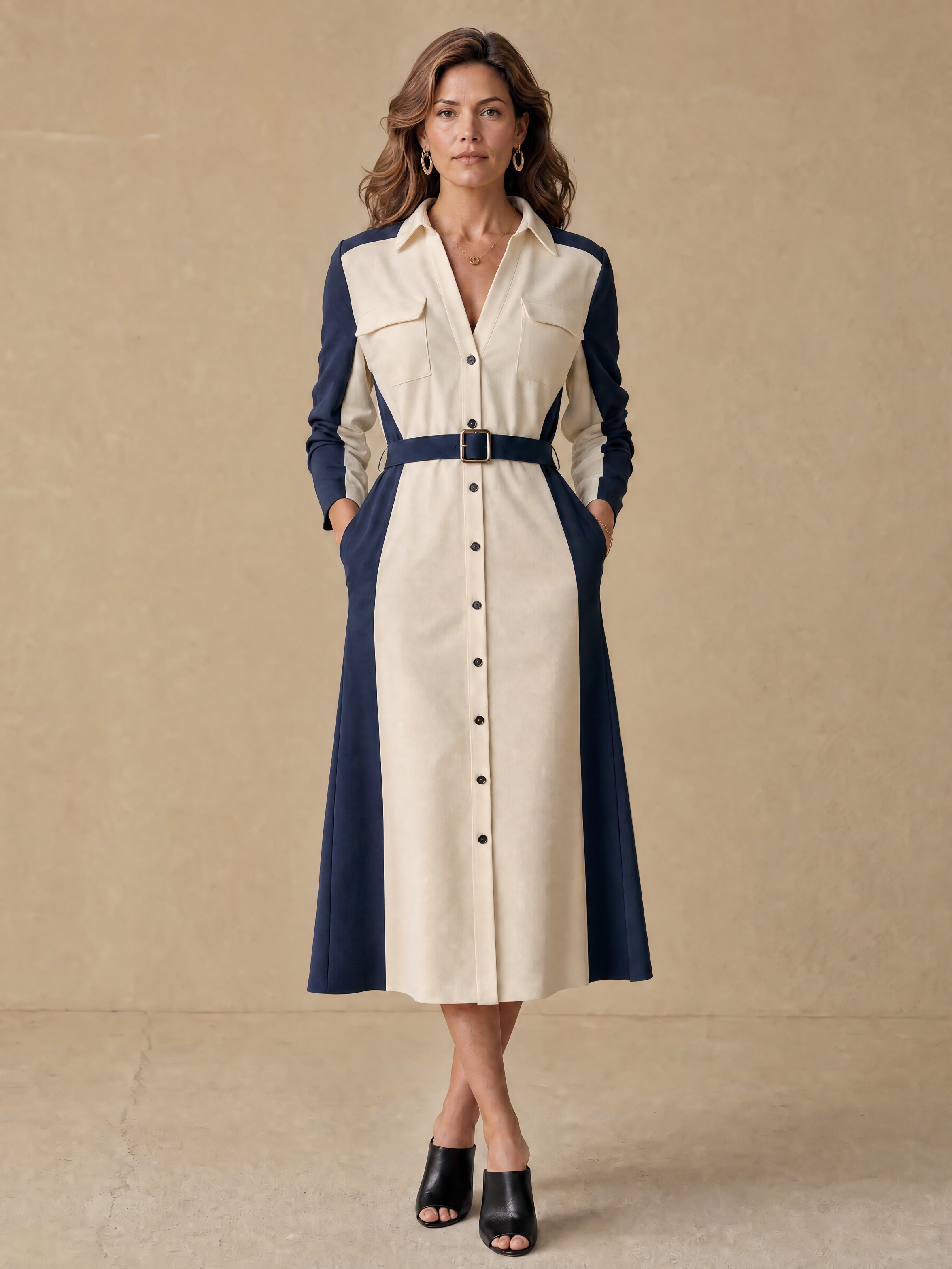 Elegant Navy & Ivory Contrast Cotton Shirt Dress