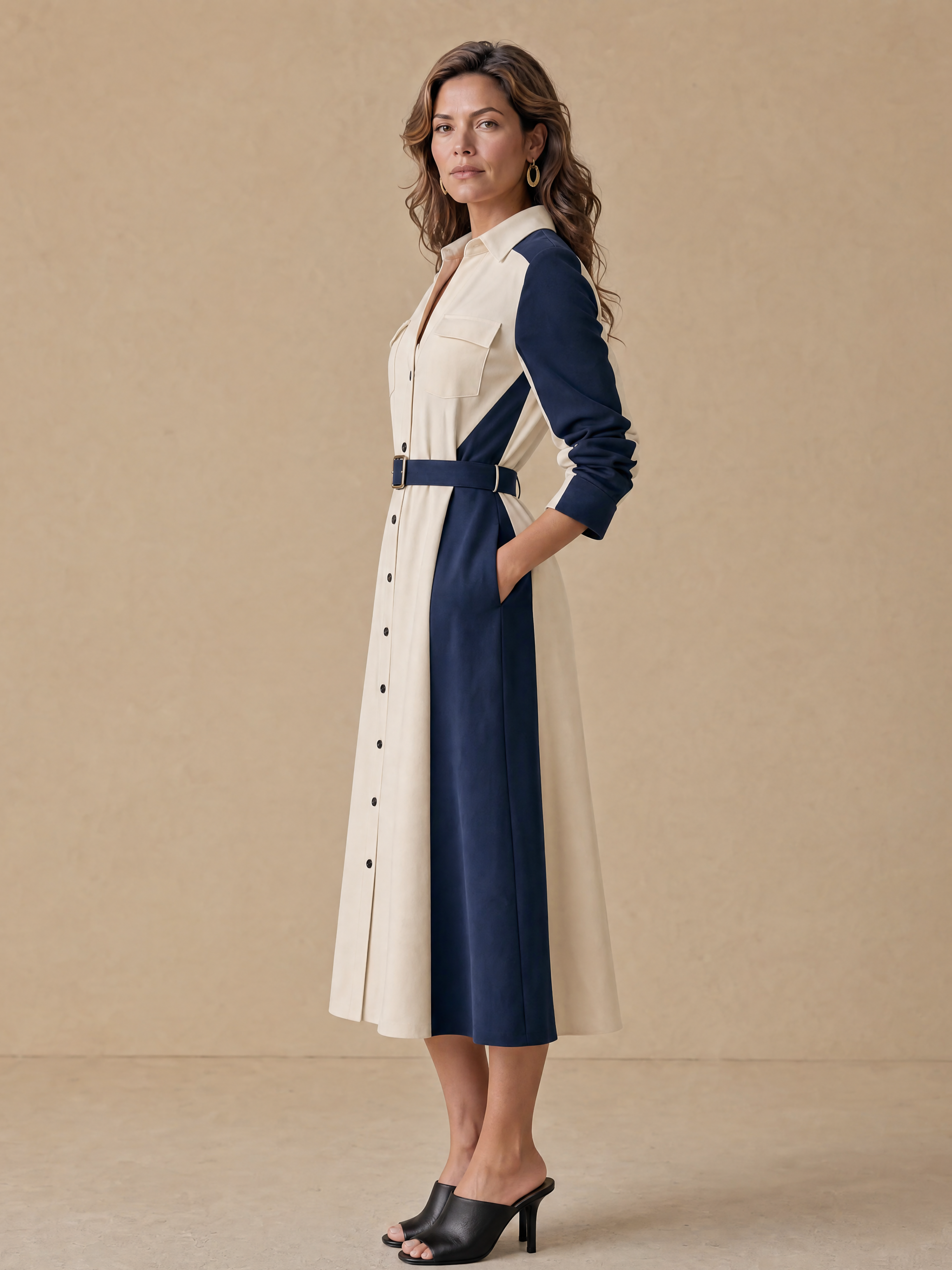Elegant Navy & Ivory Contrast Cotton Shirt Dress