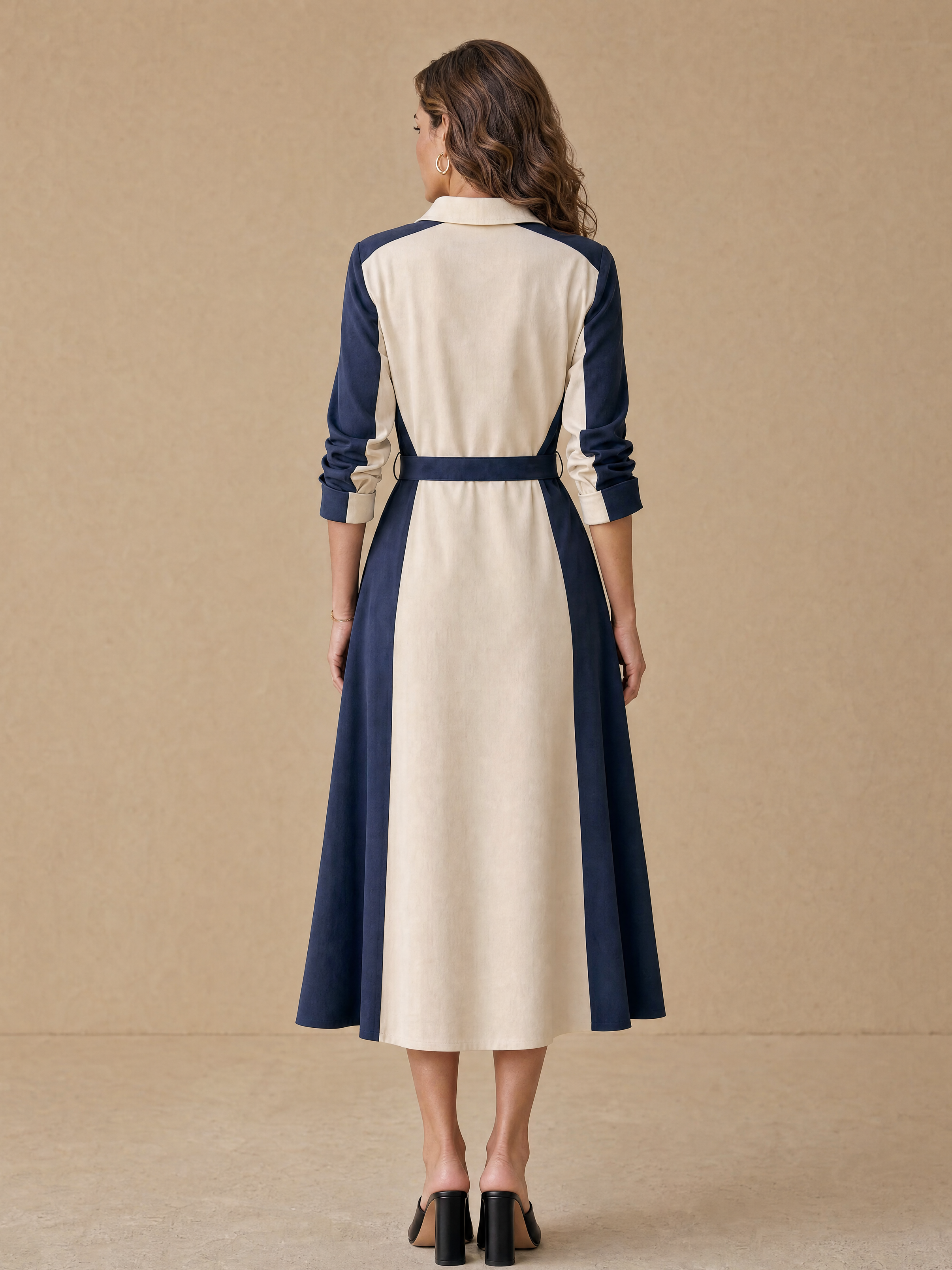 Elegant Navy & Ivory Contrast Cotton Shirt Dress