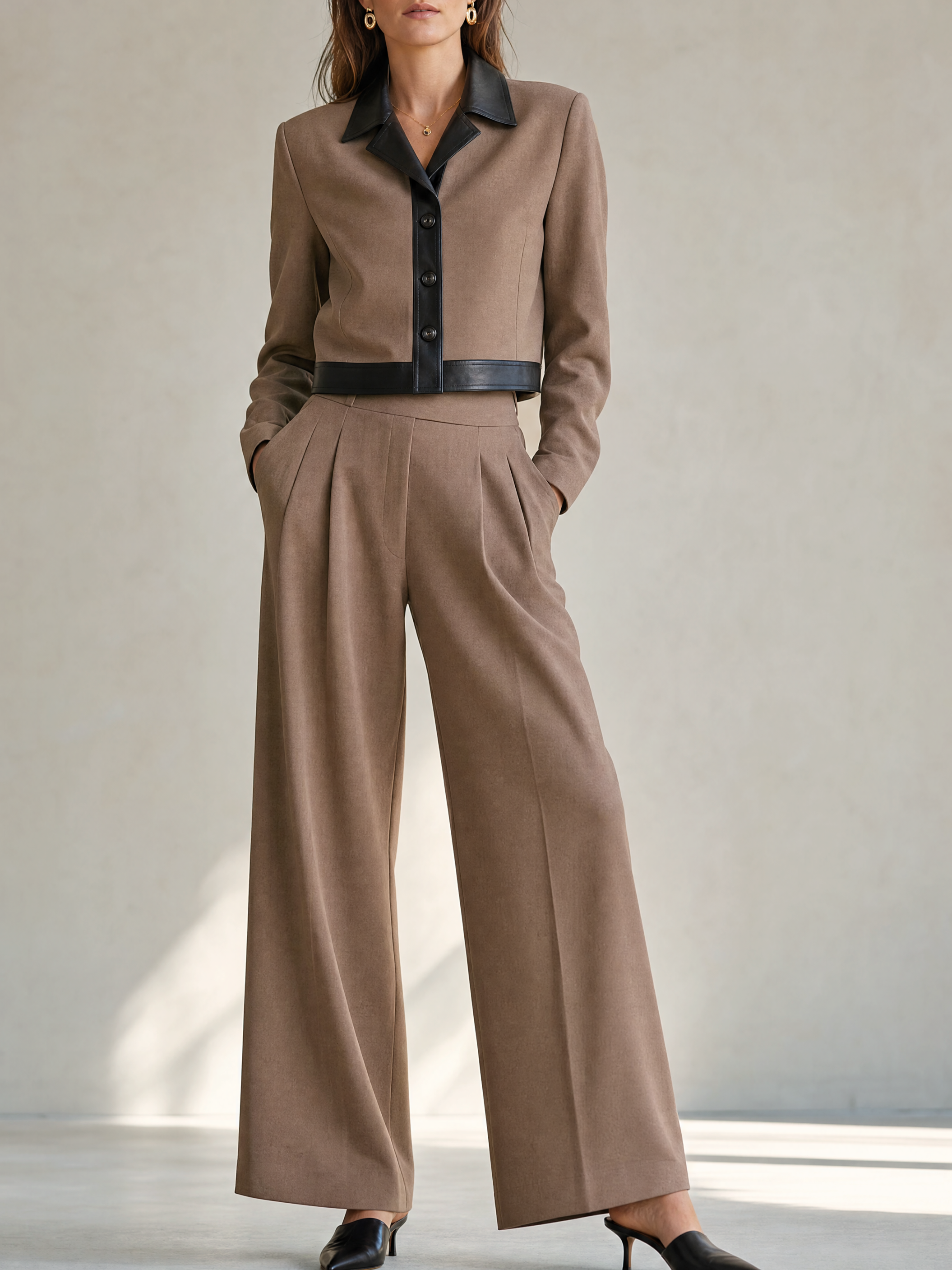 Elegant Taupe & Black Leather-Trimmed Suit Set