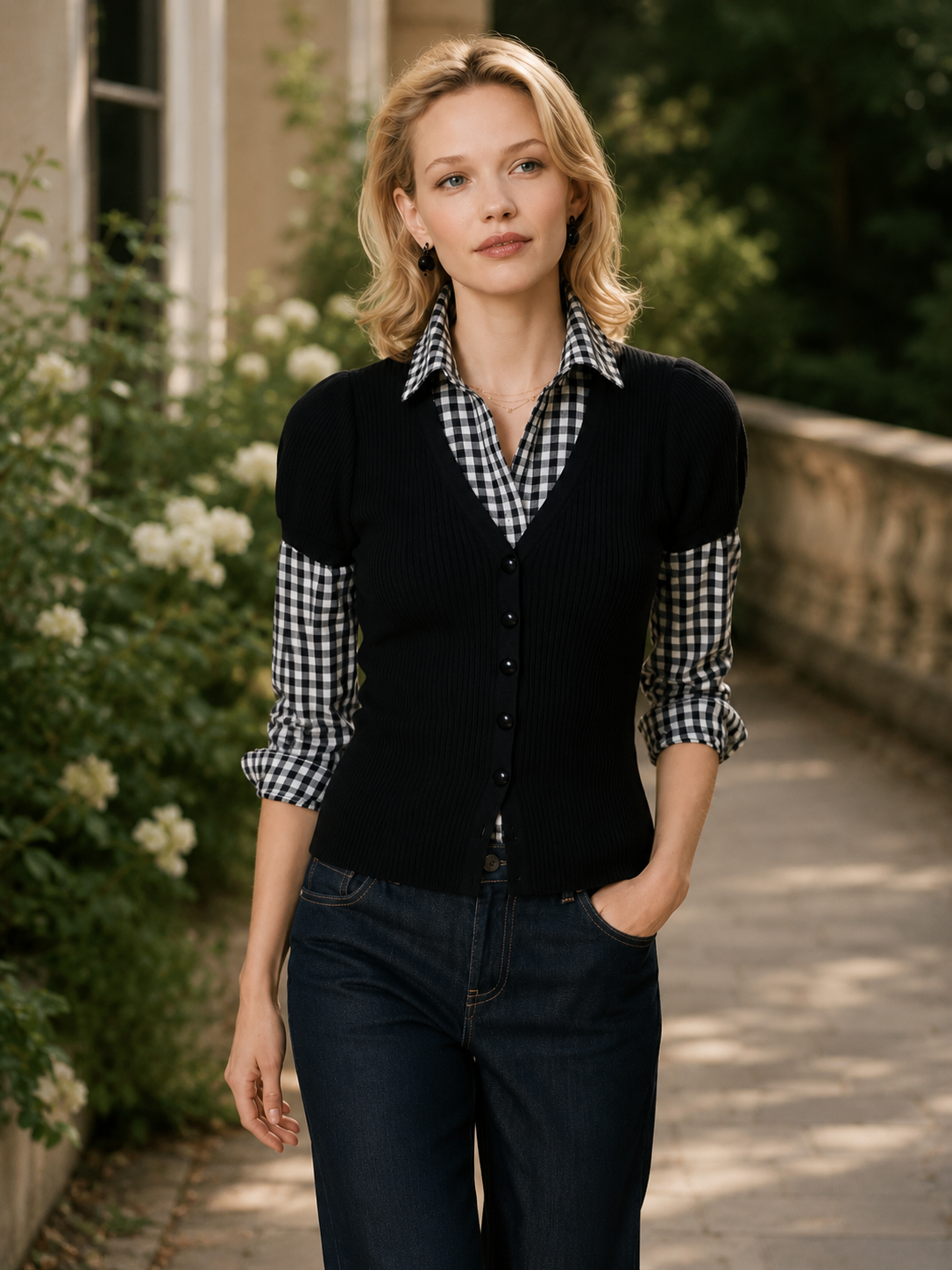 Black Knit Cardigan With A Plaid Shirt-style Layered Insert