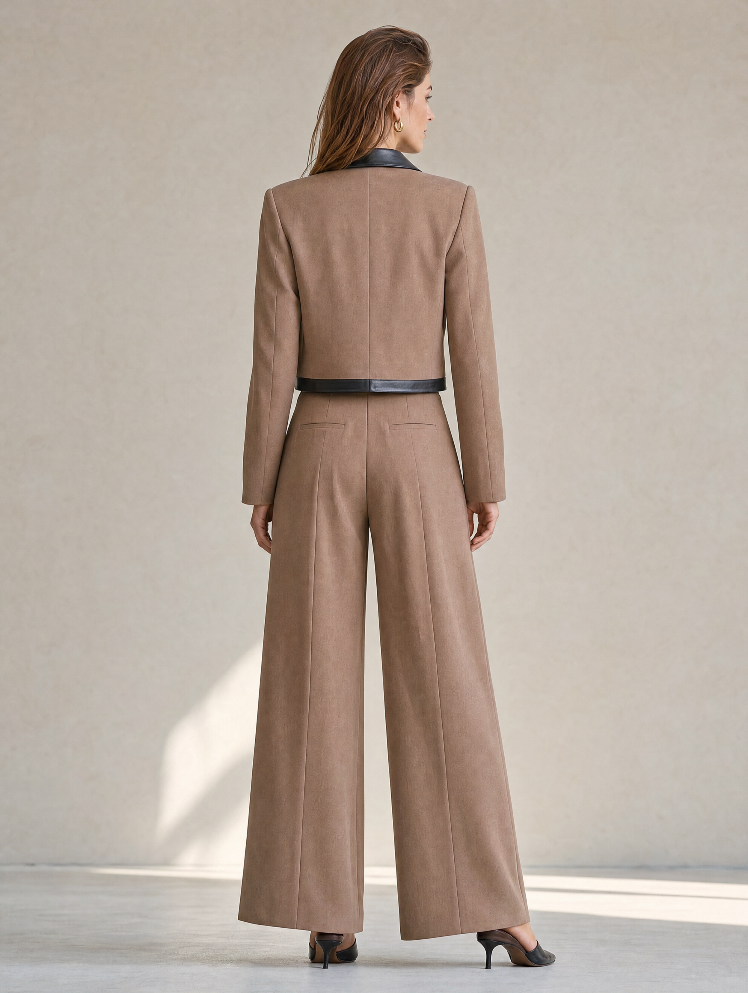 Elegant Taupe & Black Leather-Trimmed Suit Set