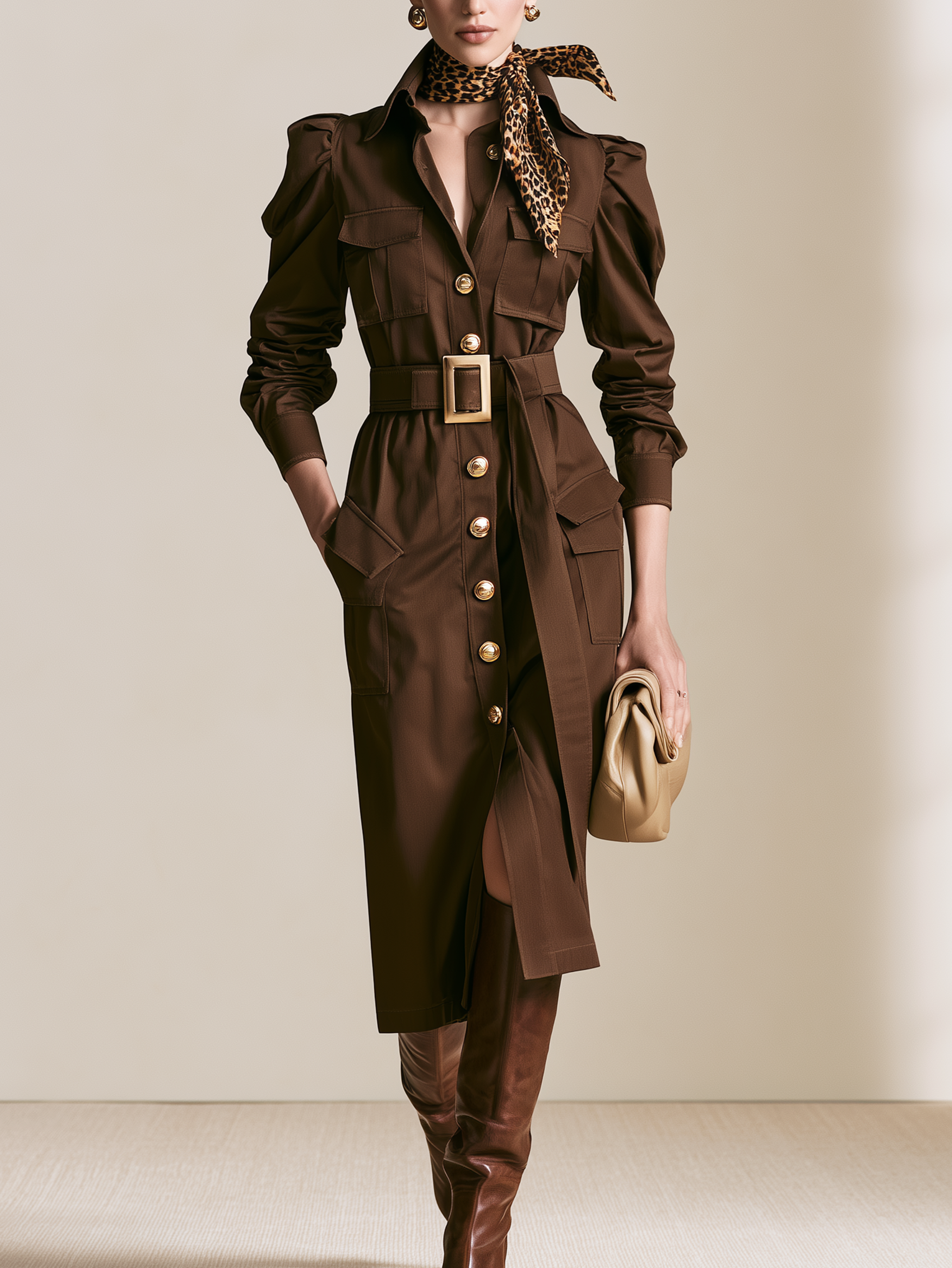 Brown Pocket Detail Gold Button Midi Dress