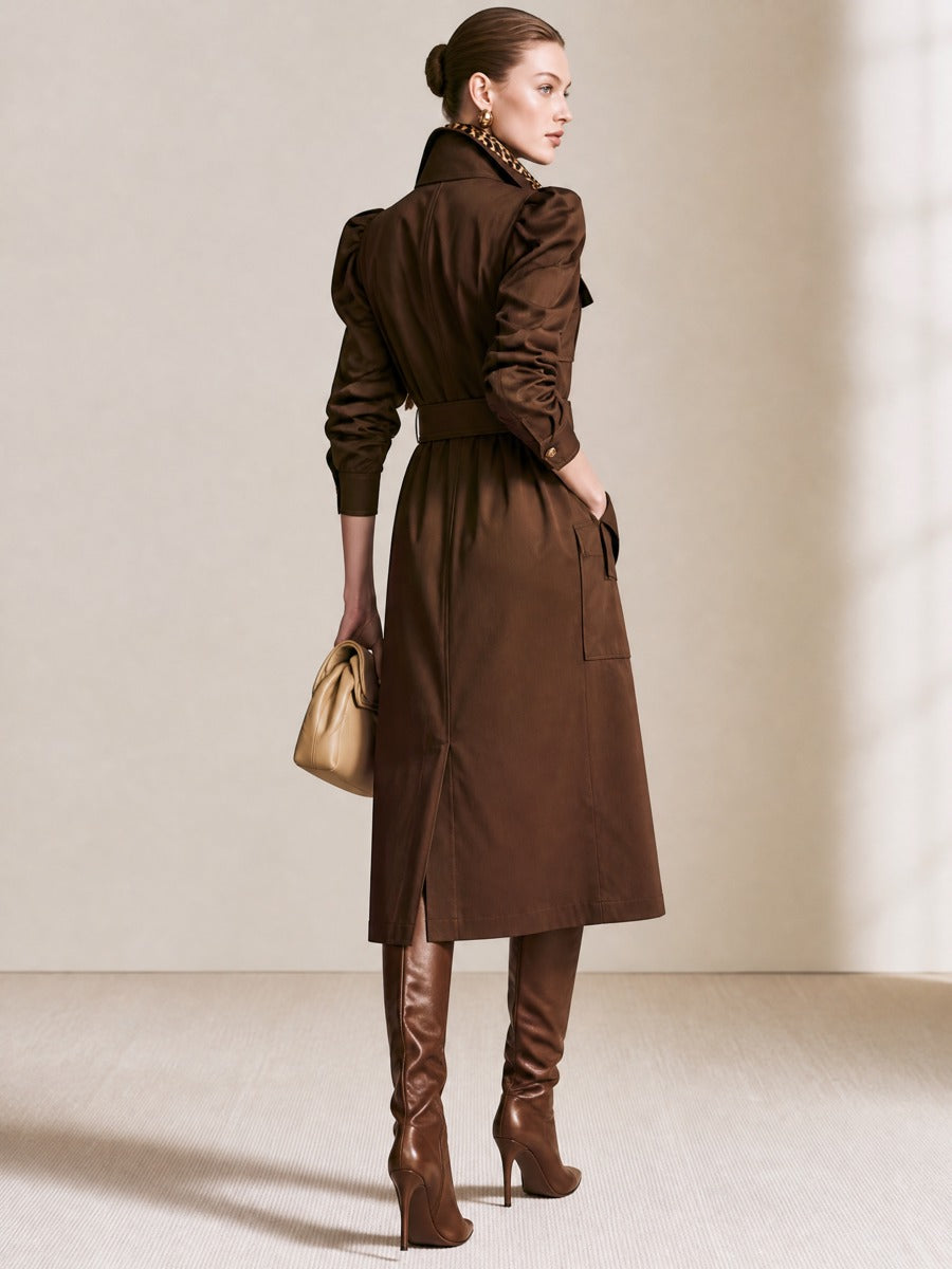 Brown Pocket Detail Gold Button Midi Dress